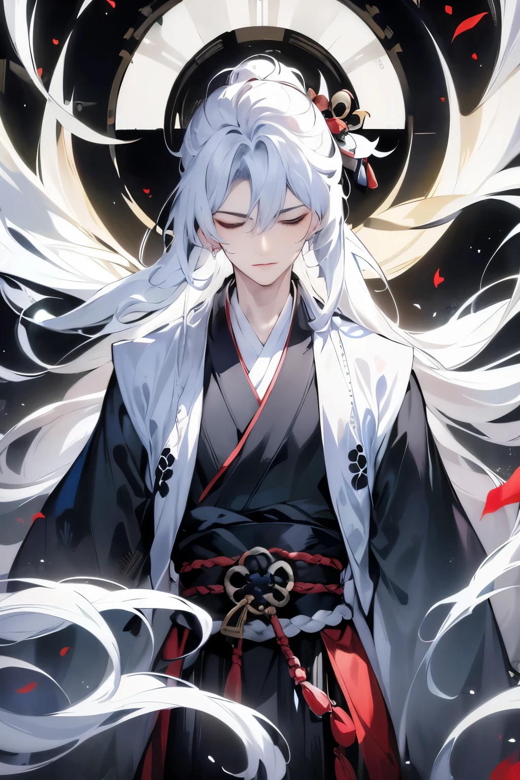 (( official fine art ,masterpiece)):0.9, sharp focus by G , 1 boy at night,Onmyoji, oriental fantasy , long white robe , long white hair,Indifference,High and cold,Male God,Long sword on waist,bamboo forest, Cold Hues , dark, long black hair fluttering in the wind standing on a bench, hair gathered,sword brow , close my eyes 。 facing the front
