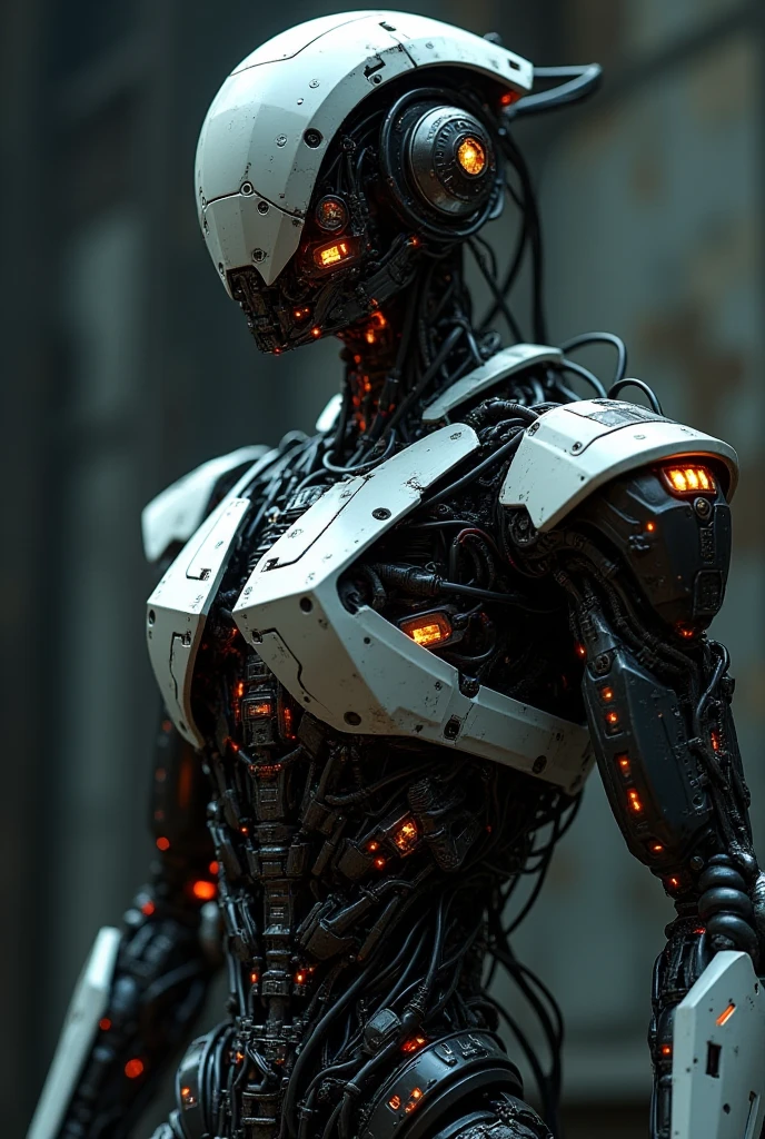 (Top image quality，A masterpiece of unparalleled detail,Cinematic texture): droid,((largeeyes:1.1, There is compassion in the deep eyes:1.4, Mechanical skeleton), (Red vibe:1.2, Furry ripples connected by wires:1.2, Abrasion texture:0.9))，Floating in space，The body is like a hollow，Look out the window，Aesthetics。