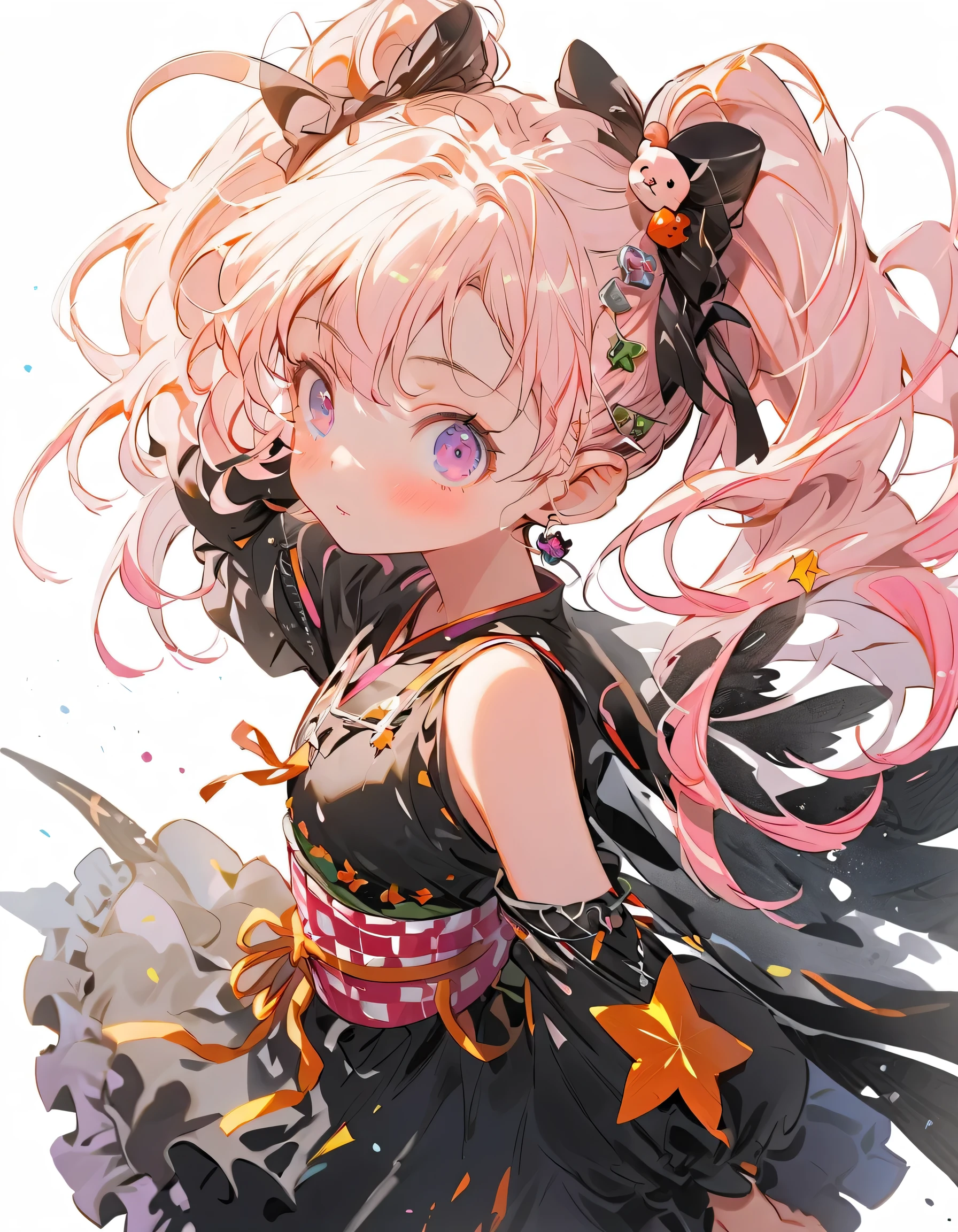 1 girl,,Blink, cutest girl in the world ,Wear a colorful and cute goth kimono costume,Star Fairy,Wear a colorful and cute goth kimono costume with little fairy feathers growing from above your waist 、 simple background、 Best Details 、 Long Boots 、