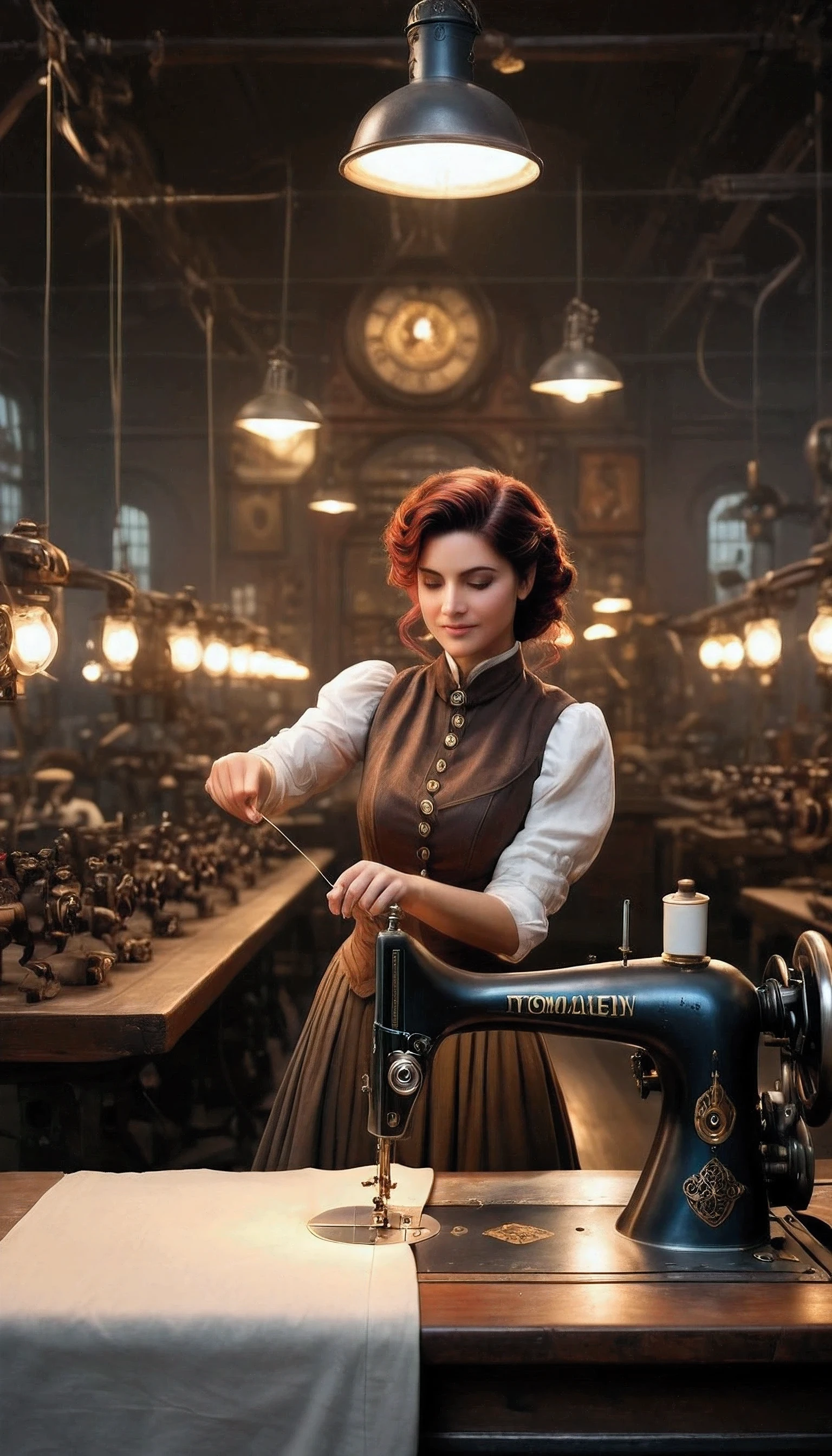 woman in a white shirt is sewing on a sewing machine, set in a steampunk world, tom bagshaw weta studio, michael cheval (unreal engine, magic and steam - punk inspired, in a steampunk laboratory, steampunk setting, steampunk aesthetic, graphic artist magali villeneuve, ps5 cinematic screen capture, she is in the potions workshop. A photorealistic image set during the industrial revolution, featuring a symmetrically balanced composition with a wide-angle view. The scene showcases a full-bodied, lively, and vivacious woman wearing an 18th-century factory wardrobe. She is a well-rounded tailor, smiling as she sews cloth on a sewing machine. The image is captured from a center lines cinematic angle shot with central leading lines, creating a sense of depth. The ambience is ultra-high definition, with a zoomed-out perspective and soft lighting concept. The image has the fullest depth of field with a wide-angle view, and the best 3D computer-generated texture. The woman's realistic hands are accurately depicted with full human finger anatomy, and she has lifelike, shiny hair. The overall style is steampunk, with influences from Elden Rings game artwork.