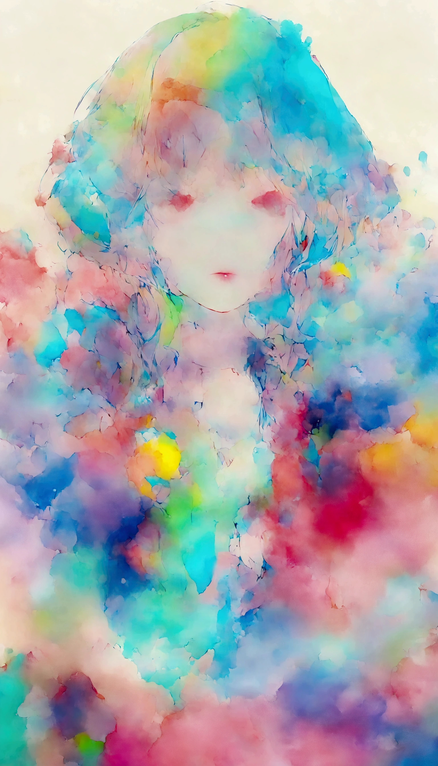 ( very detailed, super high definition , detailed background ),((2D)),(( Flat Color )),(( colorful)),((floating colorful water)), 1 girl,Alone, staring at the audience ,break, ink painting, pastel colors , Pale colors, Gentle colors
