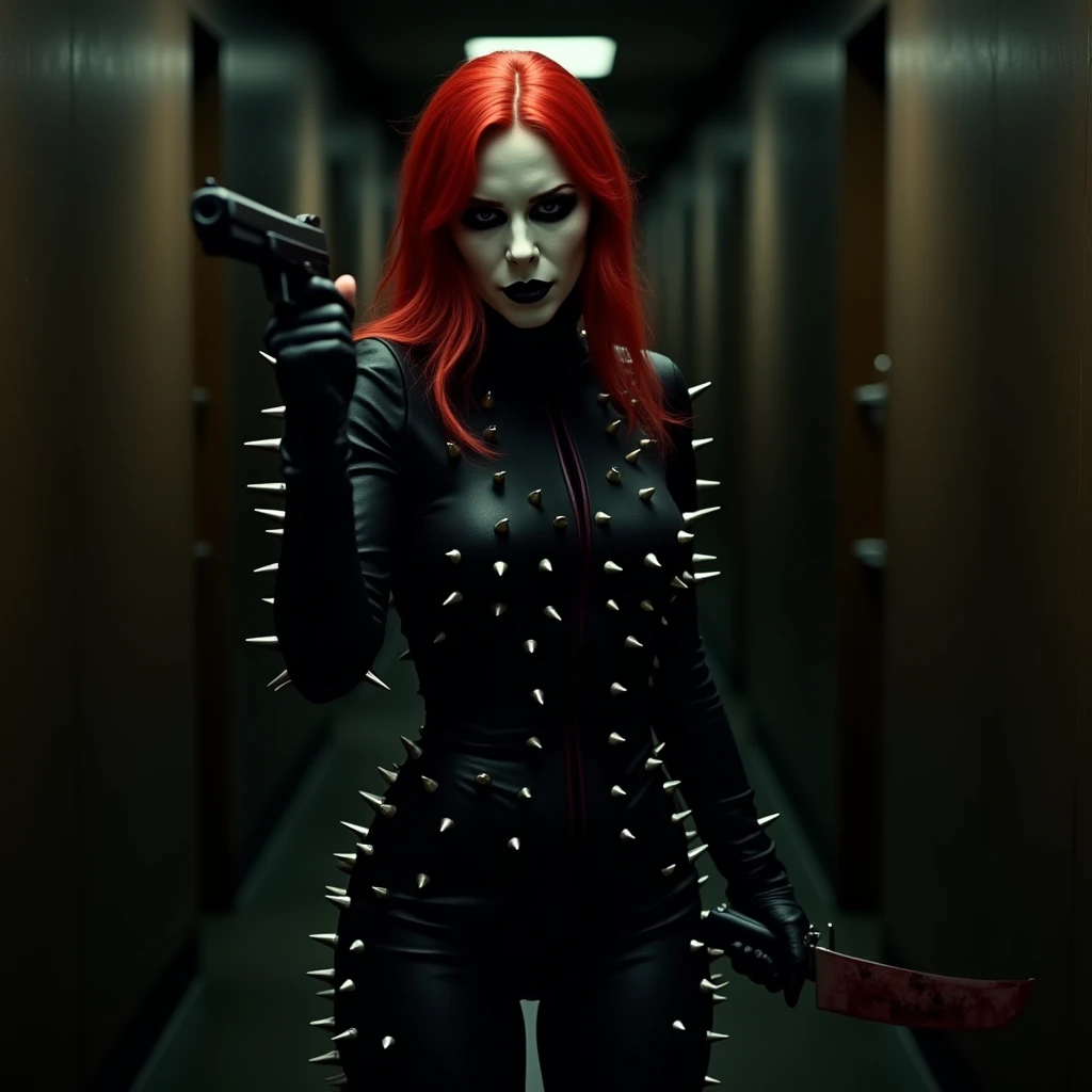 A beautiful woman with prenzil red hair six feet long reaching the floor Adriana Lima wearing a fuchsia leather jumpsuit combined with black gloves and black leather boots kneeling screaming exhausted after a battle blood around her skulls and lots of blood prenzil red hair six feet long reaching the floor reflection of her in her blood Marvel universe logo