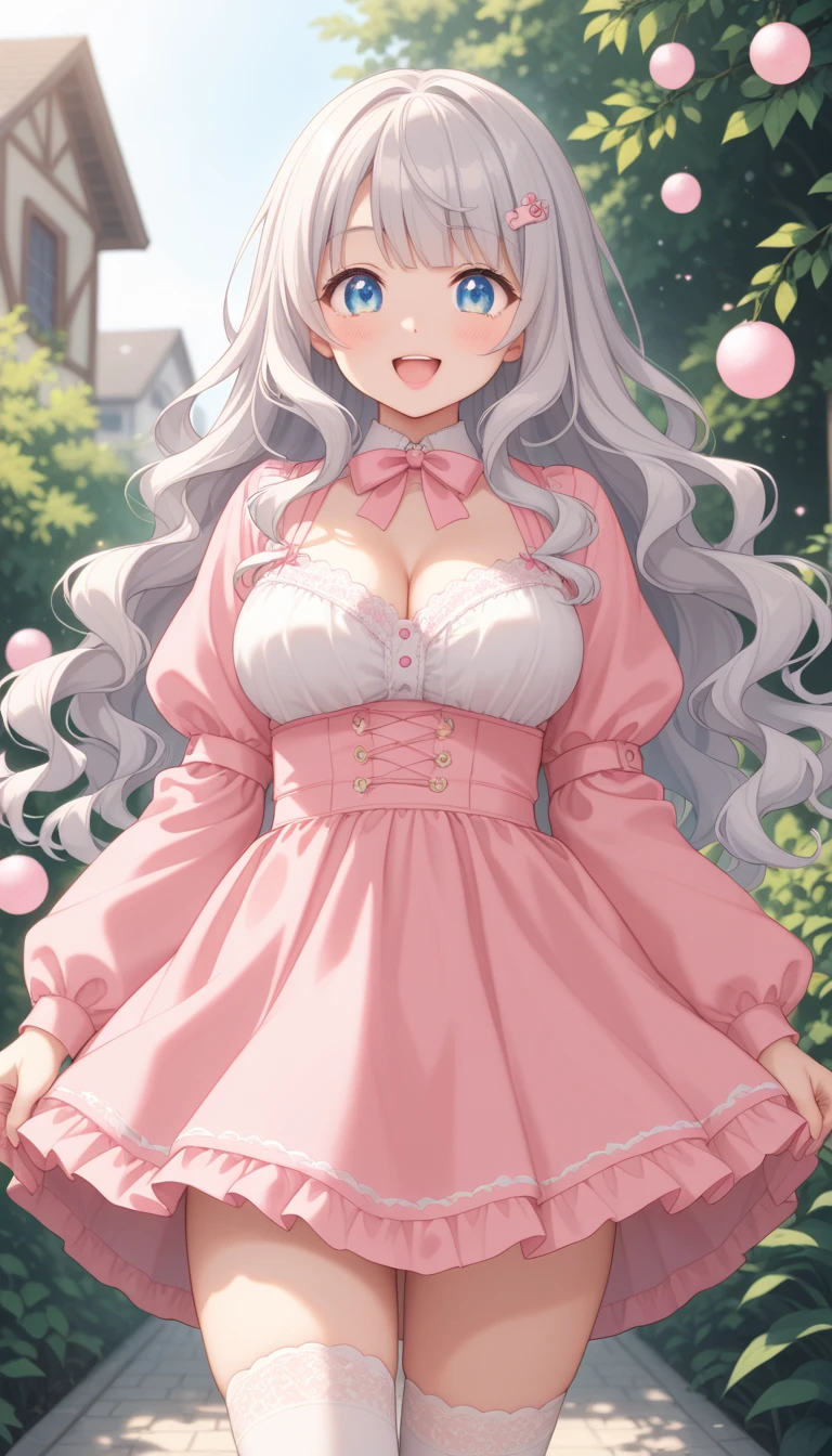 (leaning over:1.4), (masterpiece:1.2, best quality), (real picture, intricate details), 1girl, solo, absurdres, cowboy shot, standing, outdoors, :3, smile, bear girl, bear ears, ((light pink dress)), frills, very detailed dress, white thighhighs, platinum blonde hair, gray blue eyes, long hair, ((red strawberry choker)), smile, open mouth, one fang, large breasts, cleavage, sleeveless dress, arms behind back,