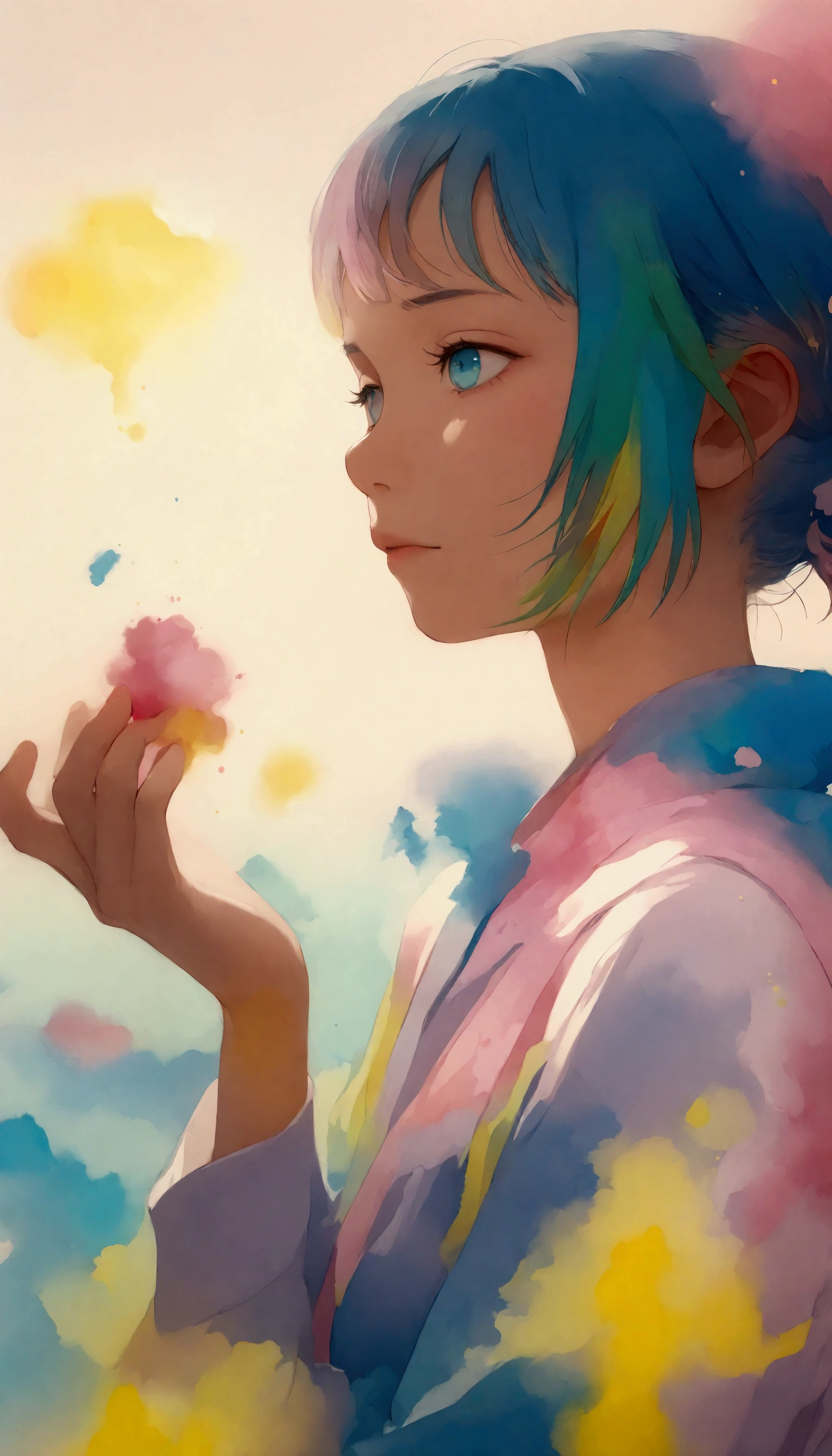( very detailed, super high definition , detailed background ),((2D)),(( Flat Color )),(( colorful)),((floating colorful water)), 1 girl,Alone, staring at the audience ,break, ink painting, pastel colors , Pale colors, Gentle colors