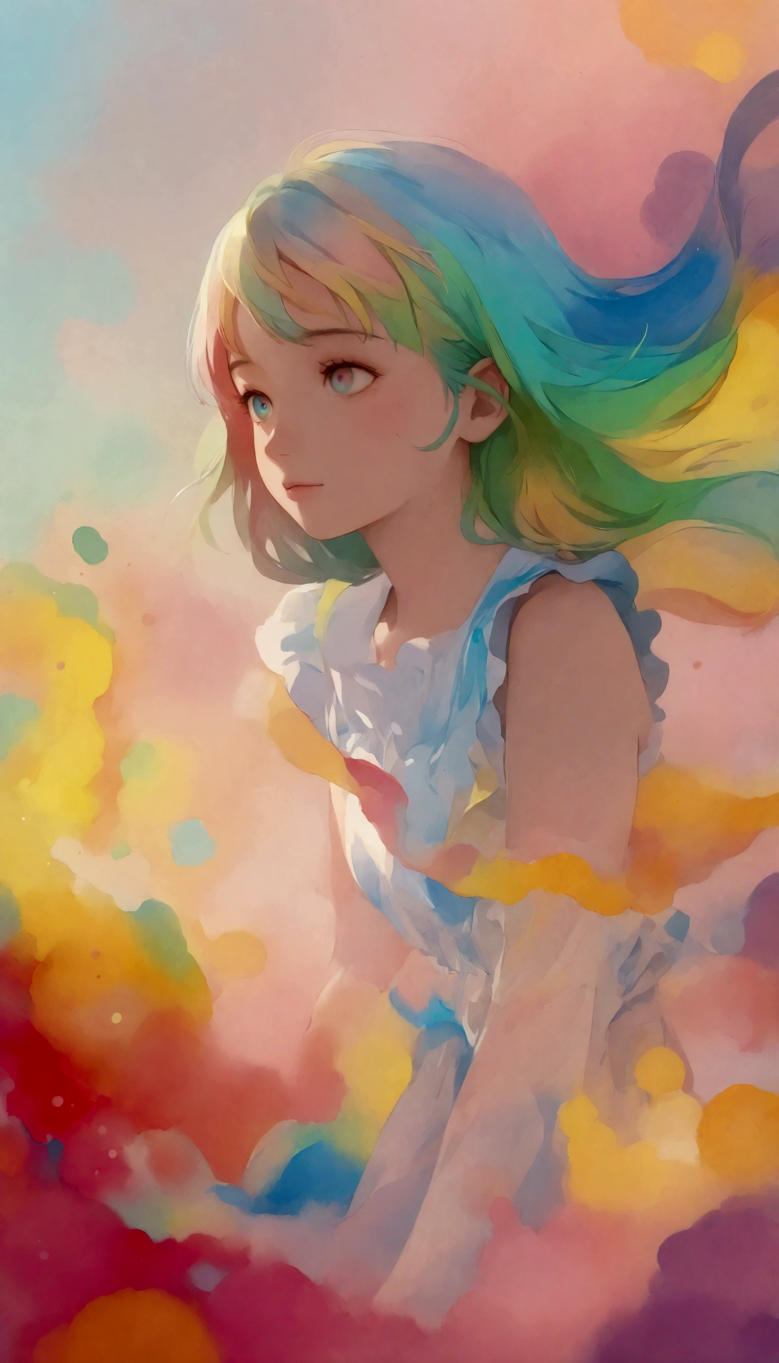 ( very detailed, super high definition , detailed background ),((2D)),(( Flat Color )),(( colorful)),((floating colorful water)), 1 girl,Alone, staring at the audience ,break, ink painting, pastel colors , Pale colors, Gentle colors
