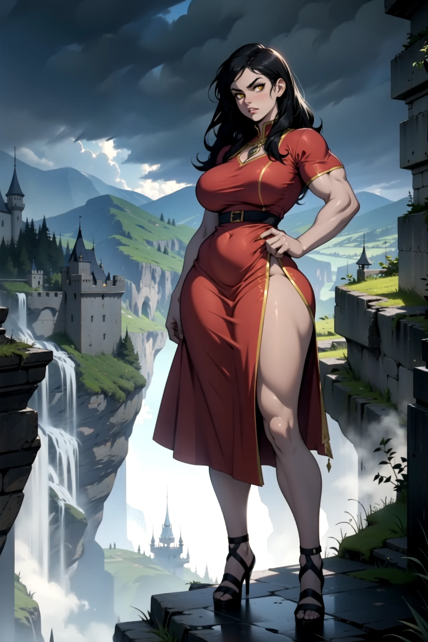 Carla Yaeger as a beautiful Supergirl, busty. Long black hair, hair over shoulder, black flowing hair, smiling, standing near a waterfall, wearing full Supergirl costume, in a forest, front view, mountains in background, full body image, graceful