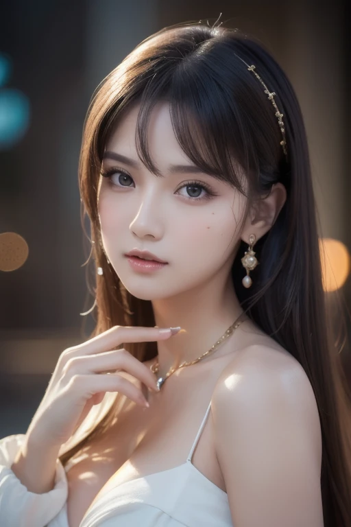 18 years old, Close up portrait of woman in Ancient Greek clothing、Shoulder out、thin、Serious expression、Short-haired、Deadly position, gorgeous necklace, light milky white porcelain skin, smooth translucent white skin, A seductive anime girl, beautiful and seductive anime woman, ultrarealistic sweet bunny girl, pale porcelain white skin, Smooth and realistic perfect body, Anime girl cosplay, realistic shadow perfect body, guweiz masterpiece