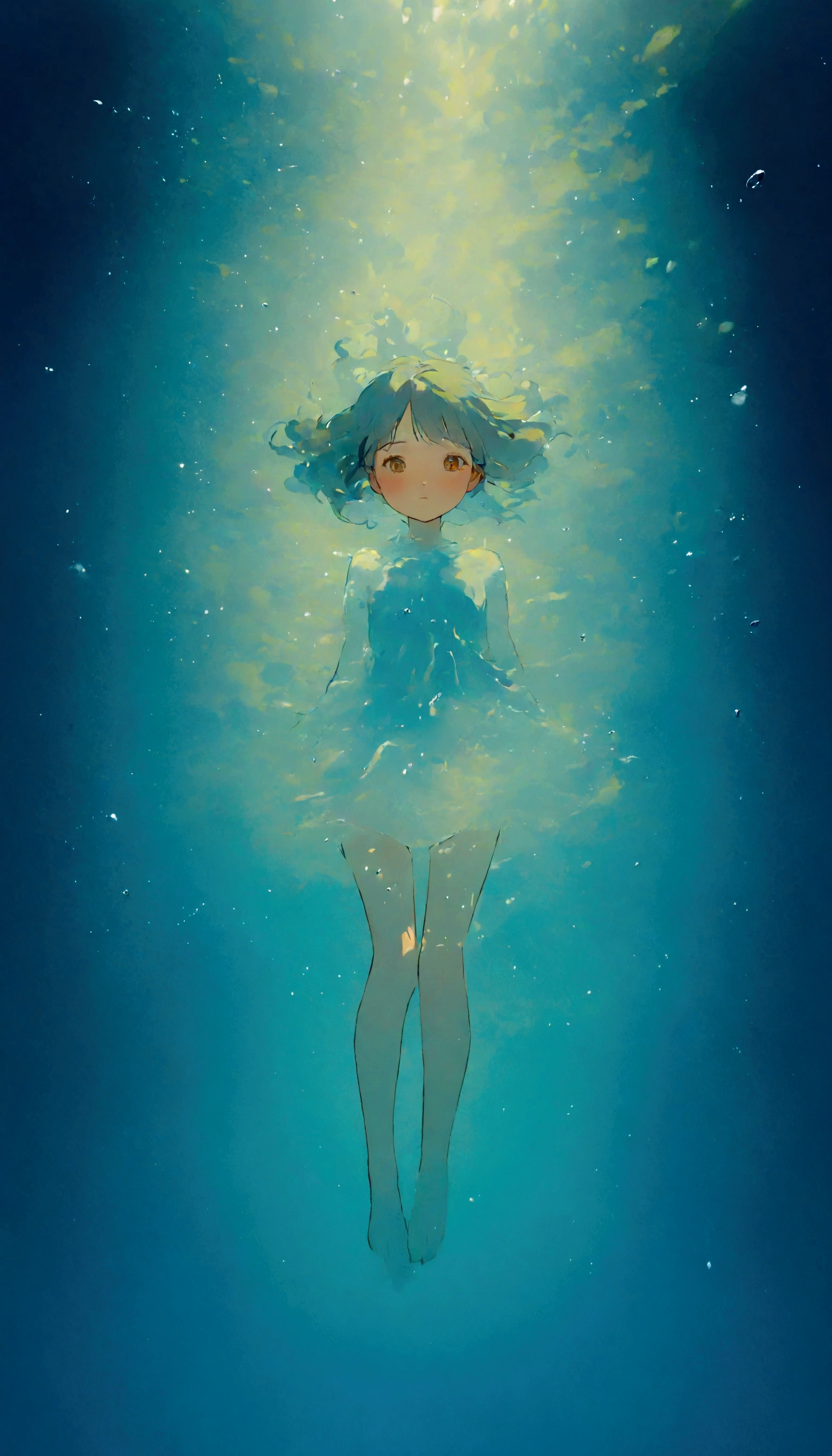 ( very detailed,  super high definition , detailed background ),((2D)),(( Flat Color )),(( colorful)),((floating  colorful water)), 1 girl,Alone, staring at the audience ,break,  ink painting,  pastel colors , Pale colors, Gentle colors