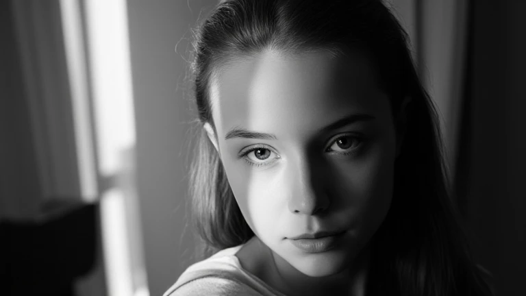 18 year old girl with straight red haired and big blue eyes, b&w photography, monochrome photography, a thin light comes into the room from the window and through the curtains onto the model's face, long hair, 1girl, three-quarter profile, portrait, camera eye level, pure white skin, clean skin, clean face, baby face, realistic face, real face, neutral looking, no smile, masterpiece, realistic, close face shot, cinematic, face details, shadow.