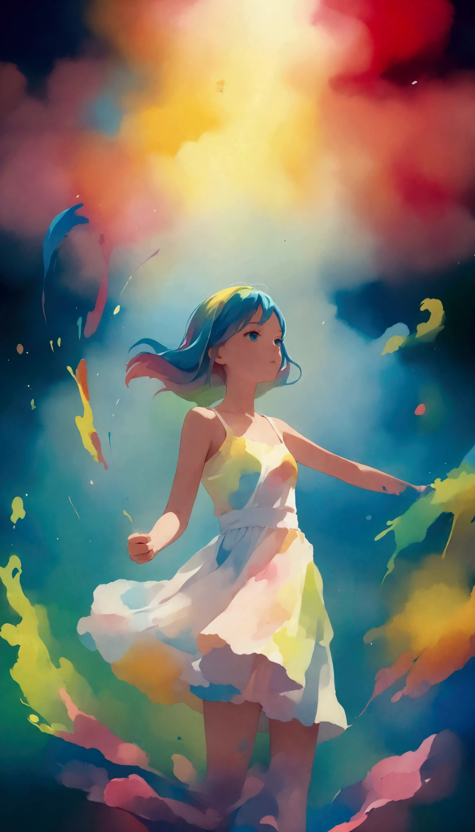 ( very detailed, super high definition , detailed background ),((2D)),(( Flat Color )),(( colorful)),((floating colorful water)), 1 girl,Alone, staring at the audience ,break, ink painting, pastel colors , A very simple color, monochromatic