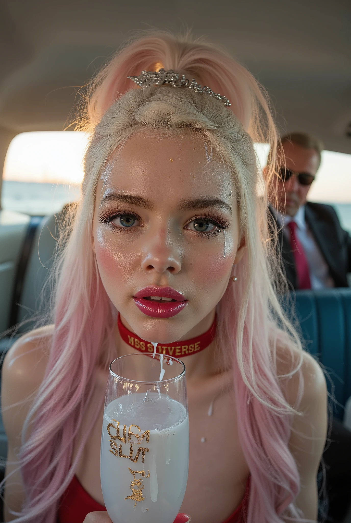A Portrait of a Beautiful very young albino girl with bright blue eyes, long straigt shiny pink hair with blond high lights in a ponytail bind up, a silver princess tiarsa on here head, Sitting face forward in the backseat of a luxurios limousine with turqouse and bright white interior , sunset outside casting beautiful golden light on here face, close up on here face, porcelain skin , (Thick red velvet choker with gold text "MISS UNIVERSE"), Cumface with lots of white, sticky, wet, Here Mouth is slitly open and she got Cum in here mouth, white transucent cum all over here face, (Cum on face), Cum on forehead, Dripping cum, (she is holding small Champange glass just under here narrow chin with the text " CUM SLUT" whitten in gold on the glass), the clear glass is staind with white sticky cum, behind here in the car in an old man i a suit with tie, Ultra detaild skin,slighty freckles, photo ultra-realistic, hyper-detailed , Vogue photo shoot , cinematic, narrow cute cheek, big lfull ips with glossy dark red lipstick, long thick eyelashes, pink blush on here cheeks,