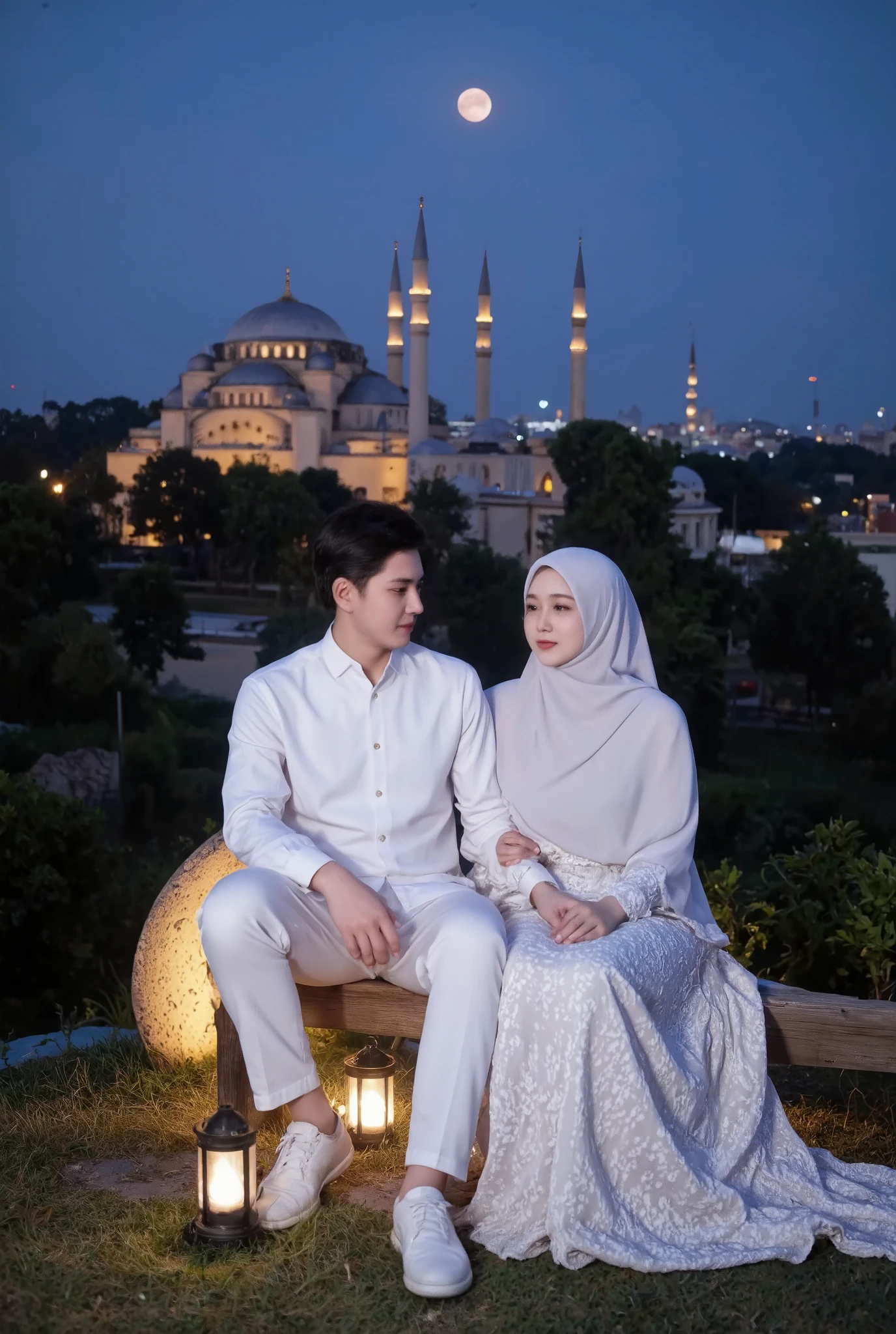 a handsome malay man and a beautiful malay woman wearing malay white wedding attire and hijab are sitting on a hill with a lantern in front of a mosque, lovely couple, looking at each other, giggles and laughter, photography shot at blue hour, by Abidin Dino, at night with moon light, portrait shot, by Basuki Abdullah, ☁🌪🌙👩🏾, romantic couple, perfect composition and lighting, realism art, ✨🕌🌙, at twilight, sitting on a moon
