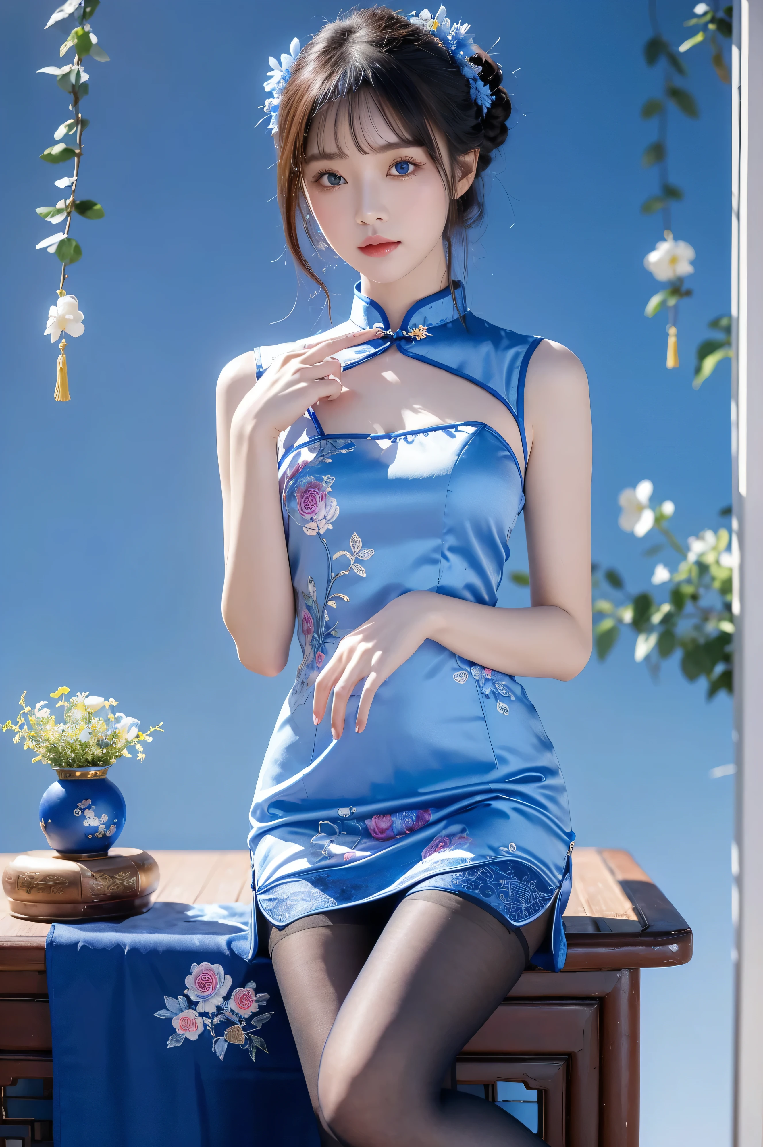 Cheongsam, 1 girl, blue bow, blue eyes, blue flowers, blue ribbon, blue rose, , Chinese clothing, Chinese clothing, dress, flower, gradient, gradient background, embroidered ball flower, looking at the audience, small , pantyhose, rose, single, thigh pantyhose, Chinese paper fan with painting on it,