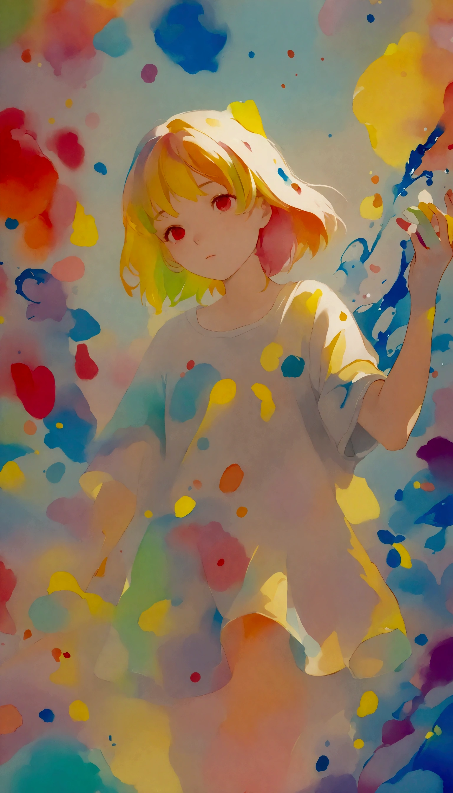 ( very detailed, super high definition , detailed background ),((2D)),(( Flat Color )),(( colorful)),((floating colorful water)), 1 girl,Alone, staring at the audience ,break, ink painting, pastel colors , A very simple color, monochromatic
