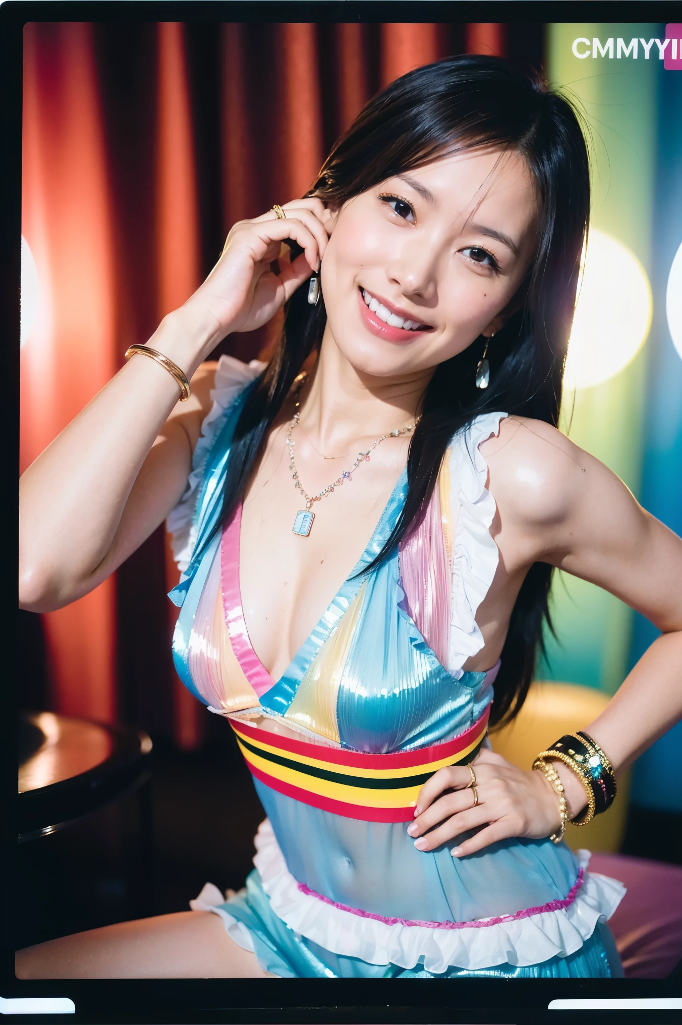 RAW photo, ( Polaroid photo, Polaroid camera :1.1),photo of 1girl, ((( sexy pose))),( dress at the cabaret club, has a smiling face, Sky Porn, white dress, smiles, day, Sleeveless,:1.3), Kubrick standing , sweat dripping, Small breasts are also pictured that look like they were taken with the same , 輝くday光, dayライト, (CMYK Hair, layered hair :1.36), front view, shiny skin with s (Jewelry store :1.4), summer, to enhance the natural skin texture , hyperrealism, ticker, HYPER DETAIL , RAW photo, that' photorealistic, best quality , high resolution, reality, 8k, caustics, dynamic light, Beautiful and delicate lips , Delicate fingers, Detailed pupil, Real Human Skin,