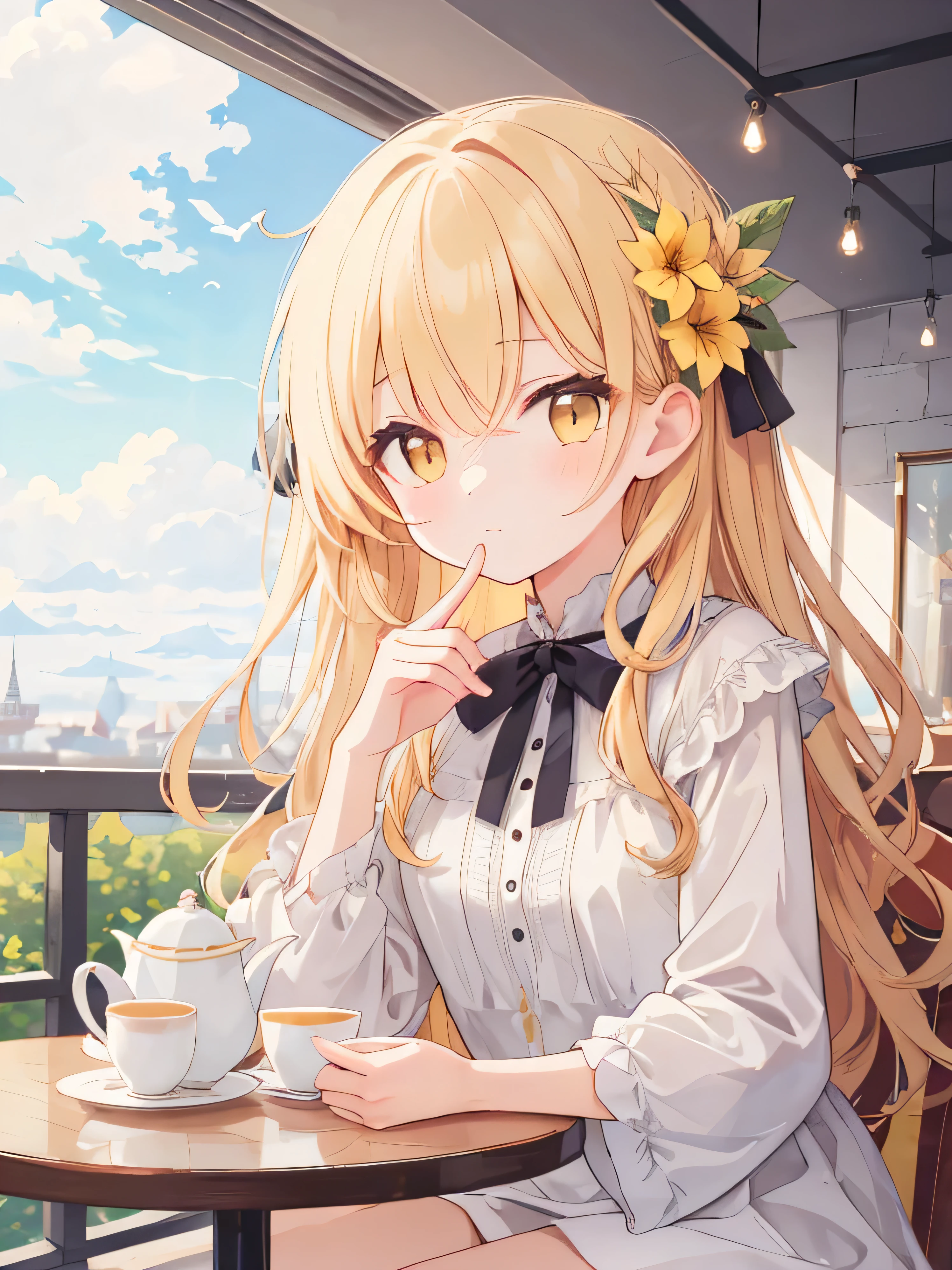 masterpiece,  best quality , beauty,  High Resolution ,  Perfect Anatomy , Top、 A -yeld gi、 sipping afternoon tea in a cafe in a sunny afternoon 、Having afternoon tea in a cafe、Bird Flower Fragrance 、Graceful、dress、 Light Yellow Long Hair 、Beautiful、 high detail,  Texture Skin ,  Ultra HD , 典雅,Single, 