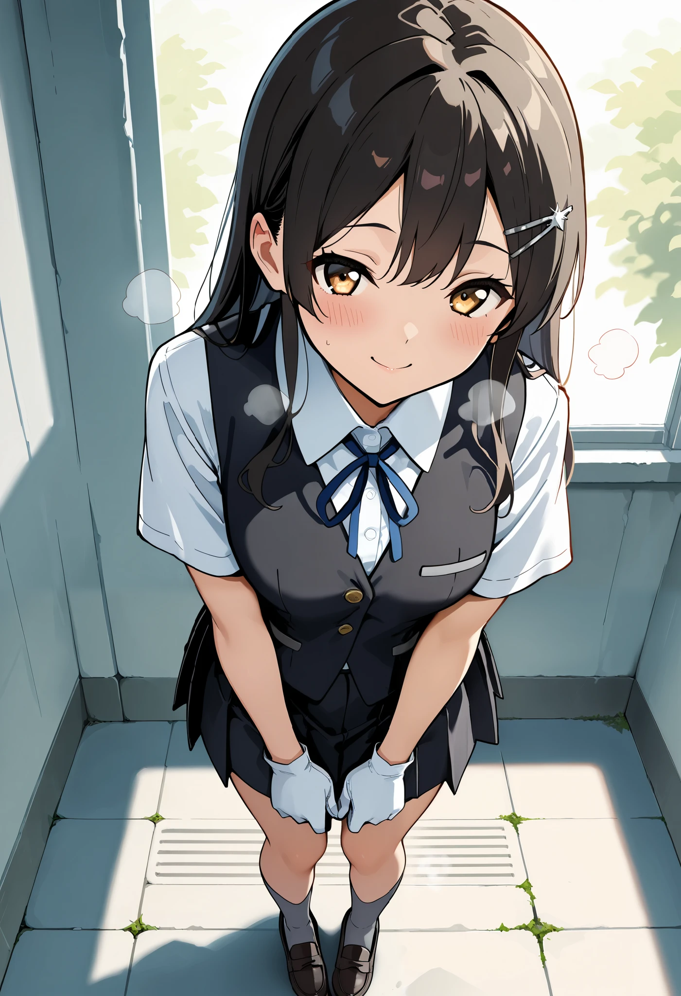 best quality , Masterpiece, high resolution, Alone, 1 girl,{oyashio_kantaicollection:1.15}, oyashioKC,black hair, long hair,school uniform, white shirt, short sleeves, pleated skirt, hairclip, collared shirt, white gloves, black skirt, neck ribbon, blue ribbon, black vest, grey socks, loafers ,,,,(smile),(blush),( steam),(),(),(), Thin Waist , perfect proportions with spikes, slender body, well-balanced body ,