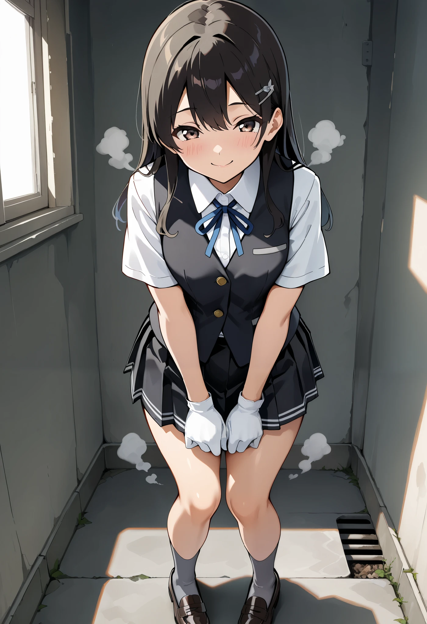   best quality , Masterpiece,  high resolution, Alone,  1 girl,{oyashio_kantaicollection:1.15}, oyashioKC,black hair, long hair,school uniform, white shirt, short sleeves, pleated skirt, hairclip, collared shirt, white gloves, black skirt, neck ribbon, blue ribbon, black vest, grey socks, loafers ,,,,(smile),(blush),( steam),(),(),(),  Thin Waist ,  perfect proportions with spikes,  slender body,  well-balanced body , 