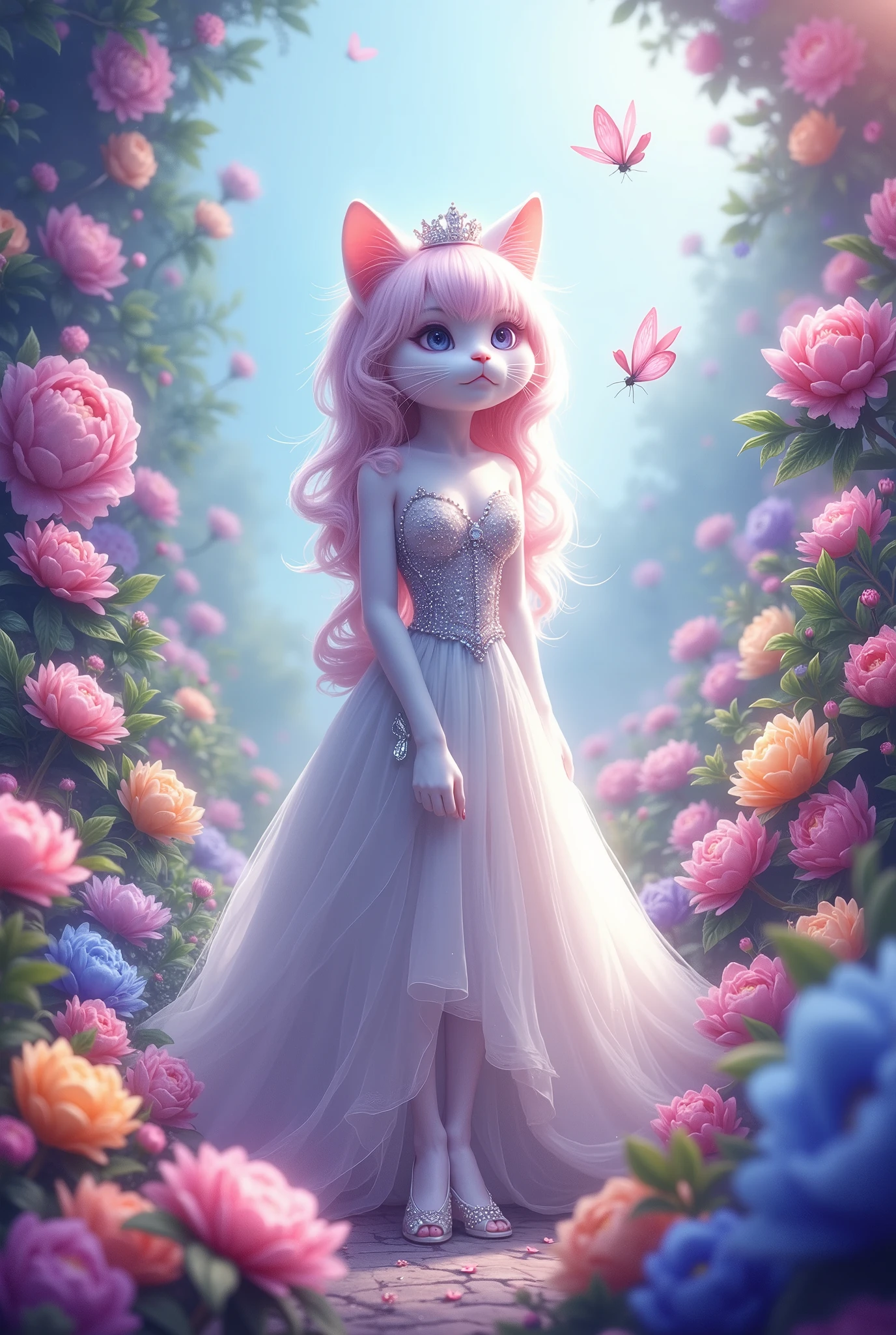 A white cat princess with pink hair, bangs, very long hair, beautiful face, tall, big eyes, very cute, wearing a white princess dress, long dress with beautiful diamonds, can see the whole body, wearing high heels, wearing a crown, in a not very wide flower garden, there are many flowers of various colors, purple, blue, pink, yellow, she has many butterflies flying.