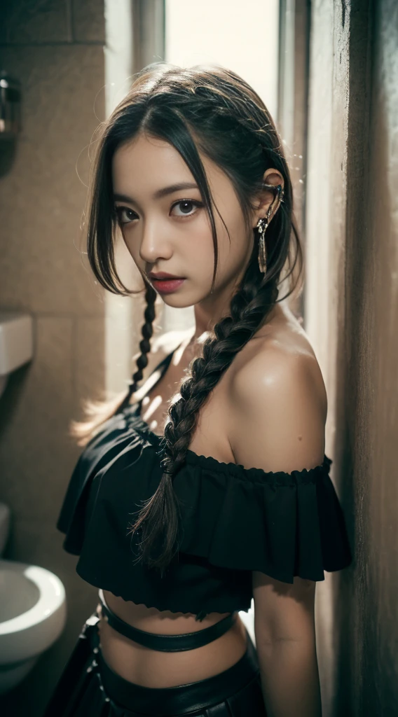 (Best Quality, 8k, 32k, Masterpiece, UHD:1.3), (Photo of Attractive Japanese Woman), (medium Boobs:1.1), 1 Girl, (long wavy hair with braids), choker,very pale skin,Ultra Detailed Face, Detailed Lips, black lipstick, Fine Eyes, double eyelids, blacl tight goth clothes, movie lighting, summer evening, heat, sweat
