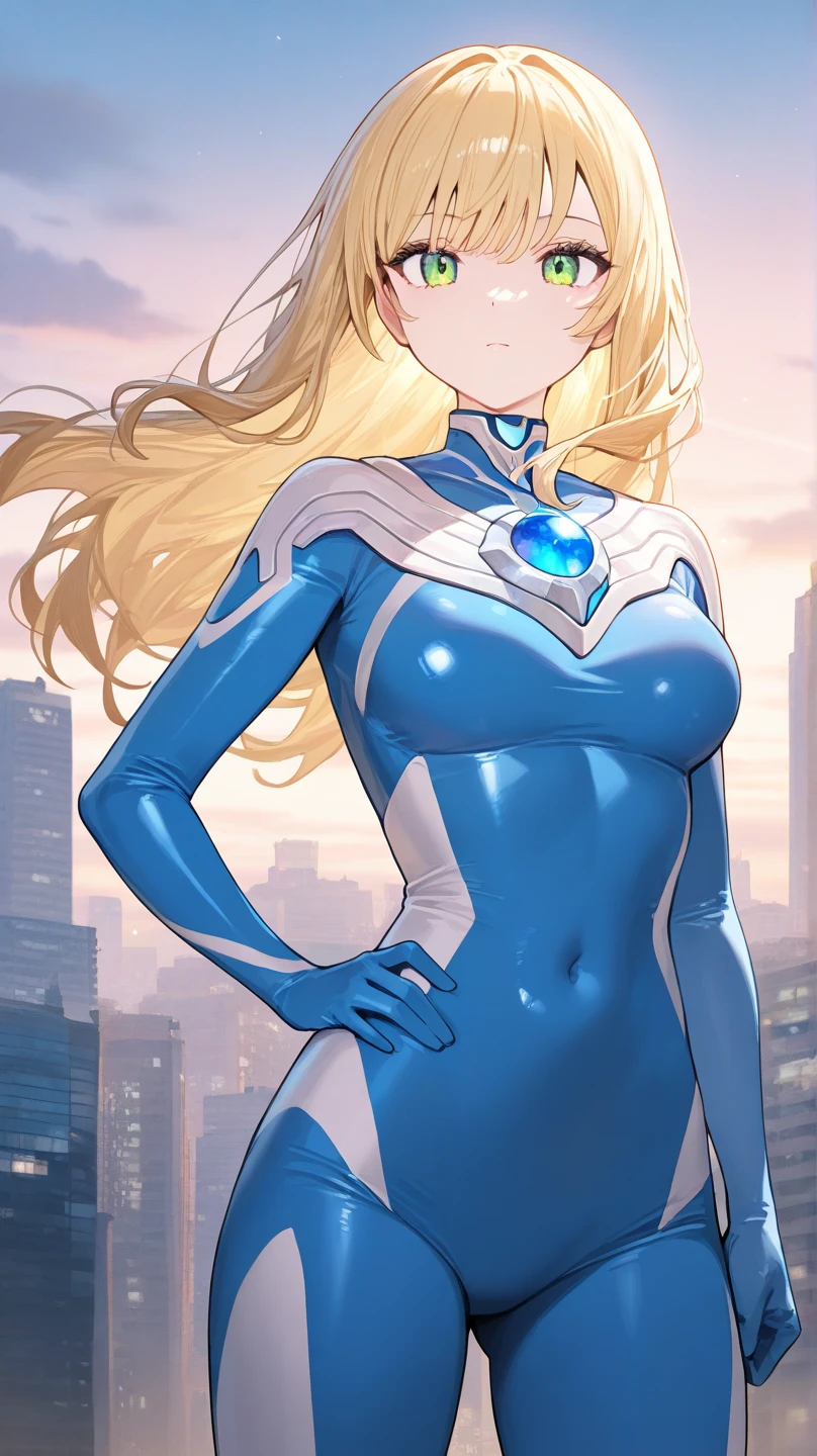 1girl,solo,Sala,original,blonde hair ,green eyes,silver metallic bodysuit,ultragirl,ultra-detailed,sharp focus,aesthetic,(best quality),lineartstyle