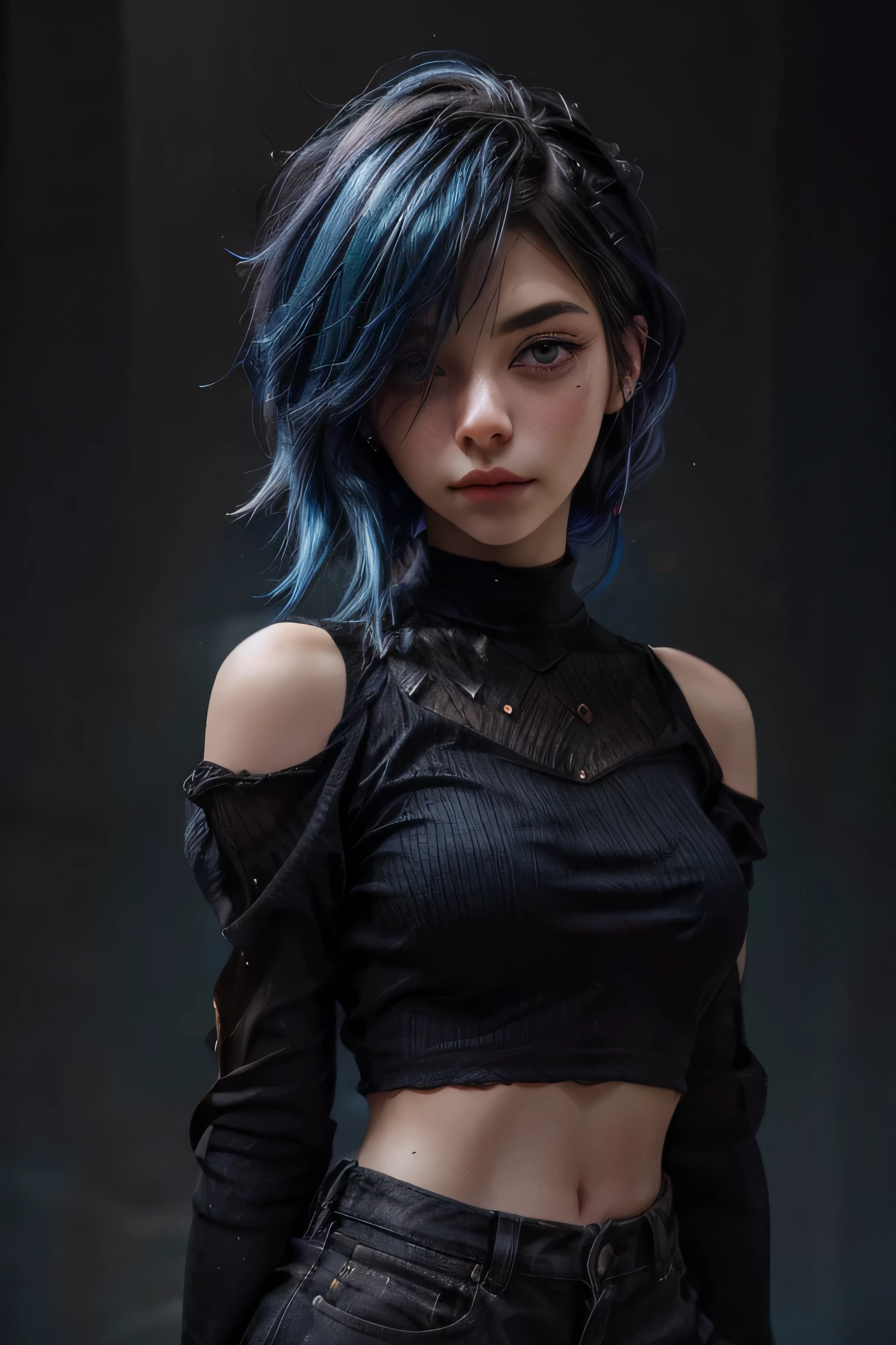 work of art, best qualityer,Trabalho de renderização 3d ,Estilo 3dMM,close up,portraite, 3d,1 girl, standing alone, multicolored hair, hair blue, Bblack hair, necklase, freckles, jewerly, two tone hair, looking at side, realisitic, trunk, simple background, bangss, looking away, shorth hair, parted lips, eyes black, lips, Gothic, choker, make up, wart, black chemise, chemise, mark d&#39;water