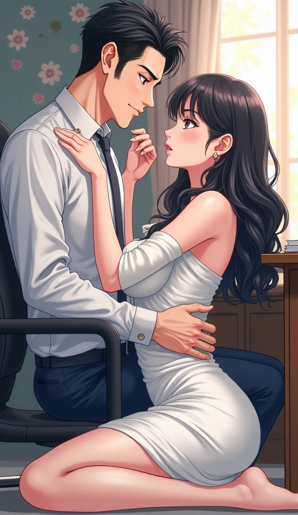 manhwa anime karatker illustration , depicts a beautiful girl in a glamorous white dress who looks glittery , Kneeling under the feet of a handsome man, the man was sitting on his desk wearing fancy office clothes , with a very serious look on the man's face , and grasping the chin of the woman , with a hateful smile , while the woman's gaze is full of lies , in the background of a work room in anime style , with floral ornament depicting a restrained life , in shades of gray with pale gradations of color that make the image appear dramatic.