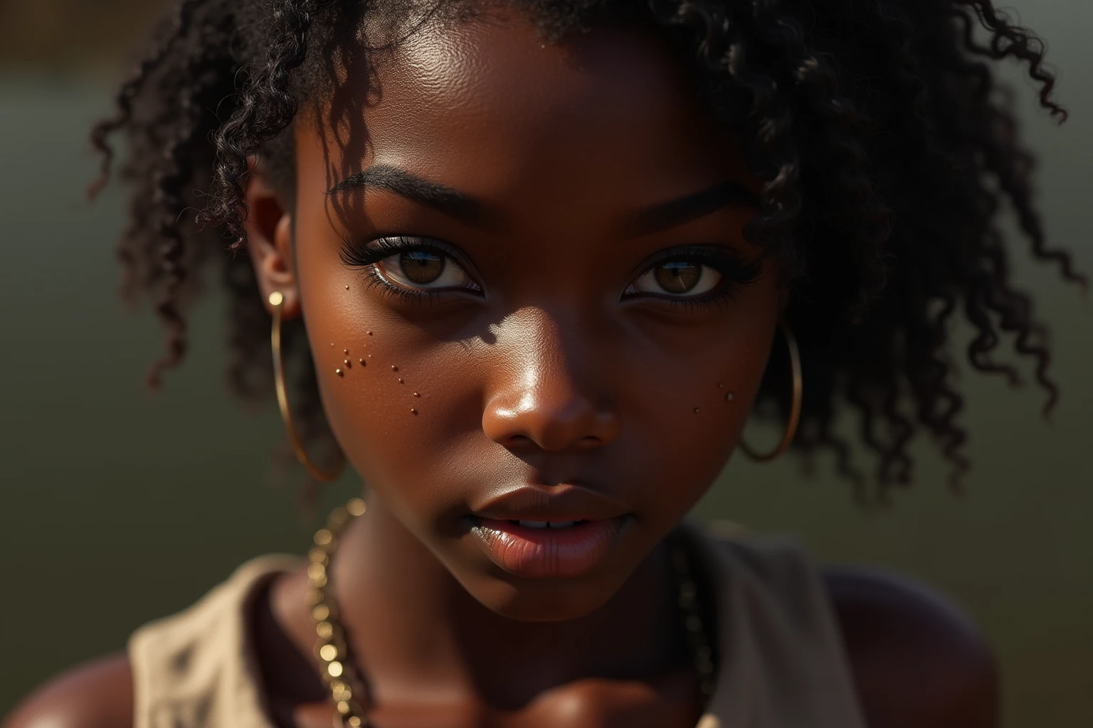 cute afro, Dark skin, teenager, beautiful face, deep ebony, showing breasts, SFW, seduction