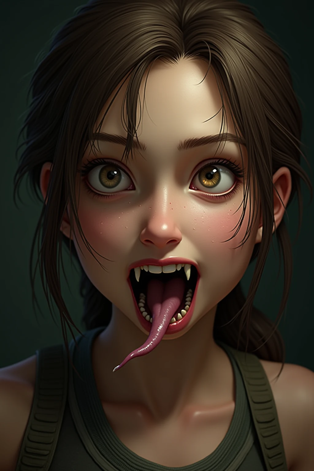 A portrait of Lara Croft with piercing brown eyes, set against temple background with warm golden lighting, photorealistic, dslr, 8k, inspired by tipseason.com, ultra realistic, upper body , detailed mouth, mesmerizing mouth, high definition mouth, focus on face, best quality, detailed, absurd resolution, absurd detail, intricate details, vibrant colors, ultra-realistic,  open mouth,