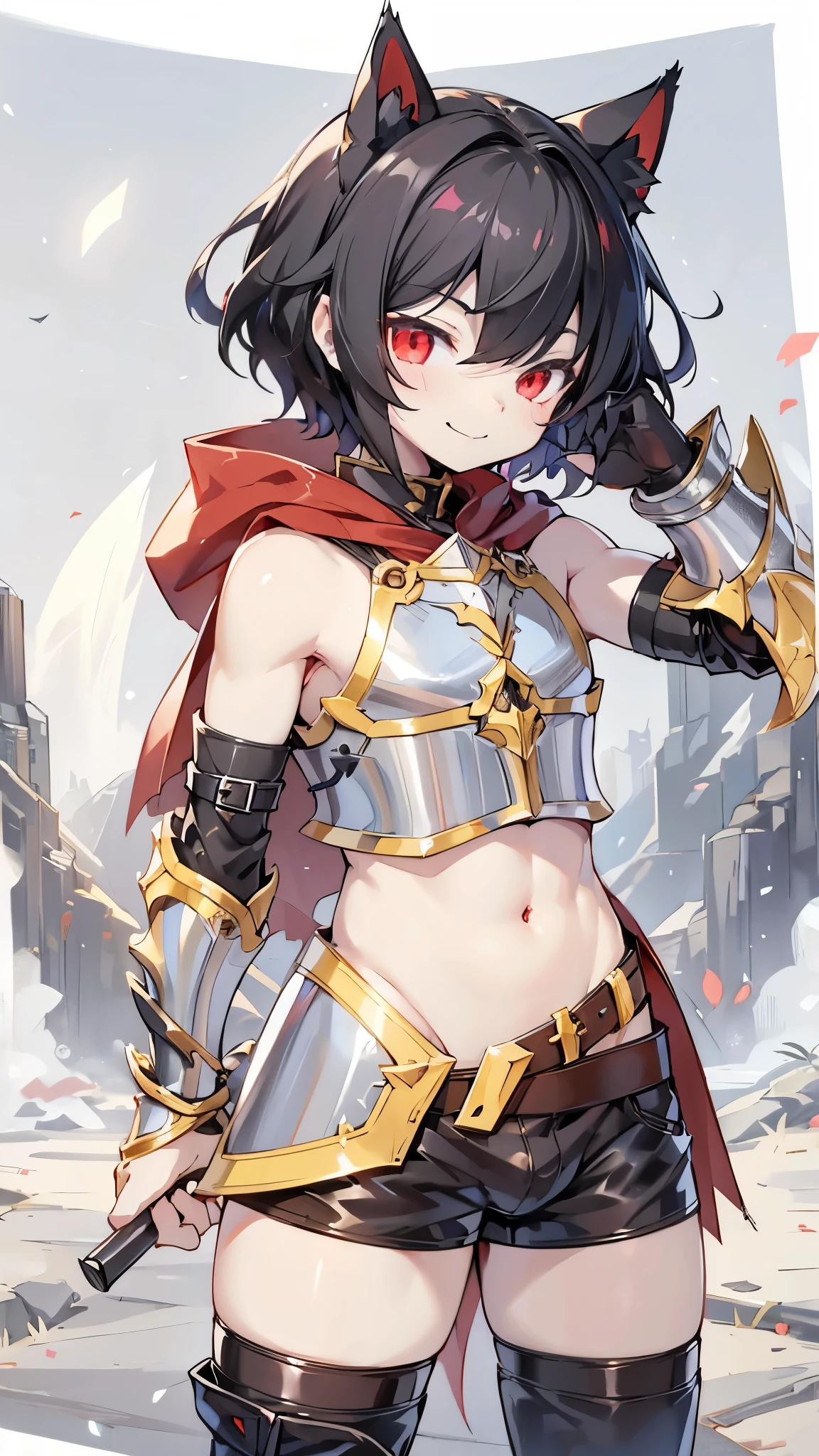 Cat Ear Boy，Black hair and red eyes，Shota，Cute boy，Smile，arrogant， black hair short hair，armor，indifferent，嘲弄arrogant，Hip bulge，Hip bulge，Hip bulge，Leather pants，Tights，Over the knee socks，Red Cape，Pants， shorts，armor，Content Review