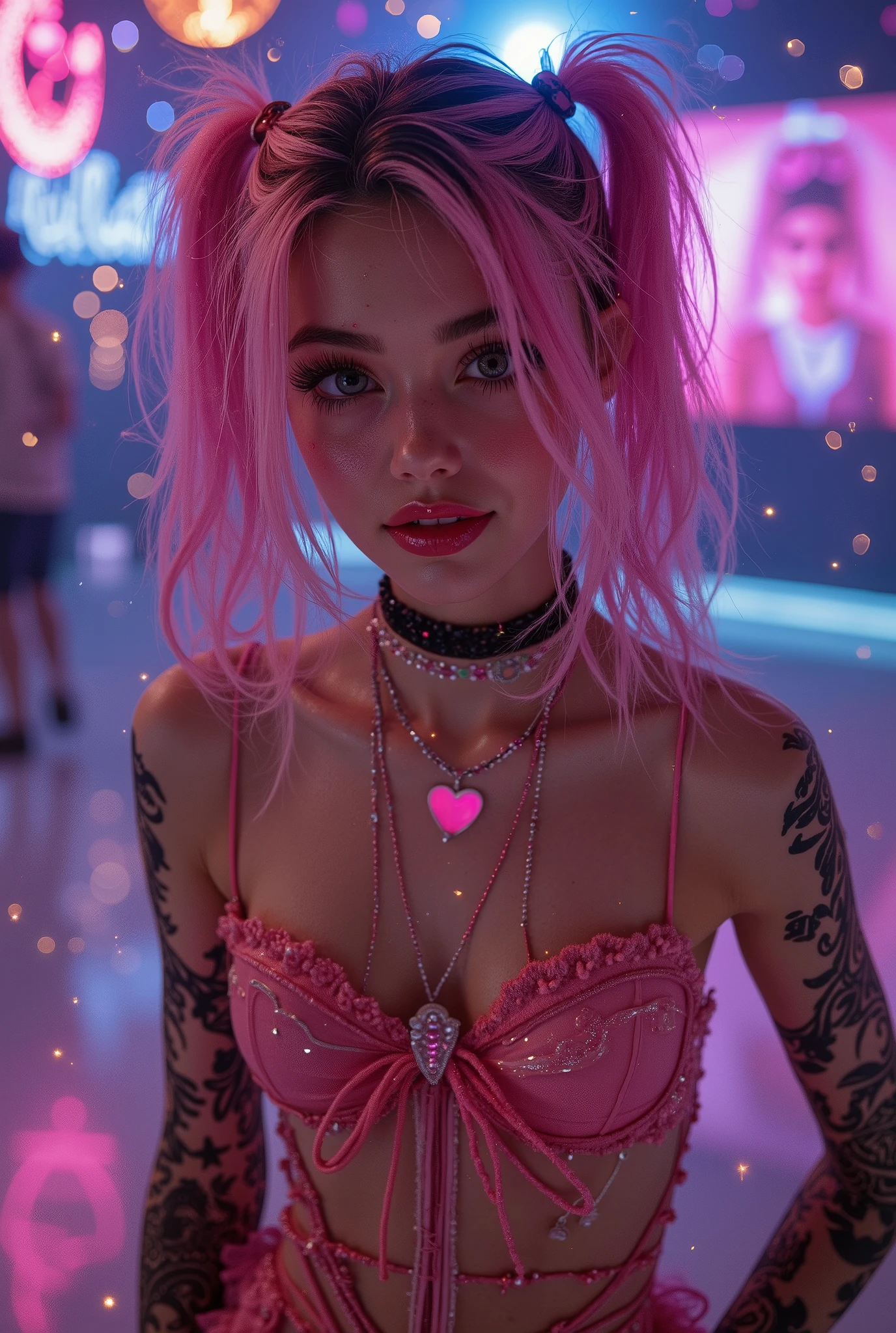 An Panavision cinematic photo 1girl, Hyperrealistic, Full-body portrait,(Captivating quality:1.4),(True textured skins of the highest quality), Delicate face,Pink twin-tailed hair, Gradient Hair, (perfect skinny slim bodies:1.4),Heart-shaped choker、long eyelasher,grin, hyperphotorealism, Cinematic lighting, NeonHypnoPMV, projected inset, surrealism, hyper HD, , gold sparkel shimmer in the air, masterpiece,Dream On,sexy intricate transparent skin tight latex dance dress,Carmelto,tattooed,Fantasy space,Luxurious space, obedient, submissive,