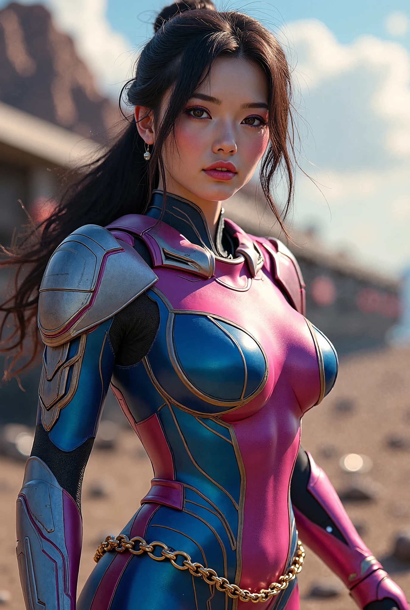Design a scene featuring Quinn from League of Legends in her Heartseeker skin, massive k-cups,with a romantic, Valentine’s Day theme, complete with pink and red armor adorned with hearts. Depict her using her Blinding Assault ability, as Valor swoops down to blind and damage her foes with a heart-shaped burst of energy