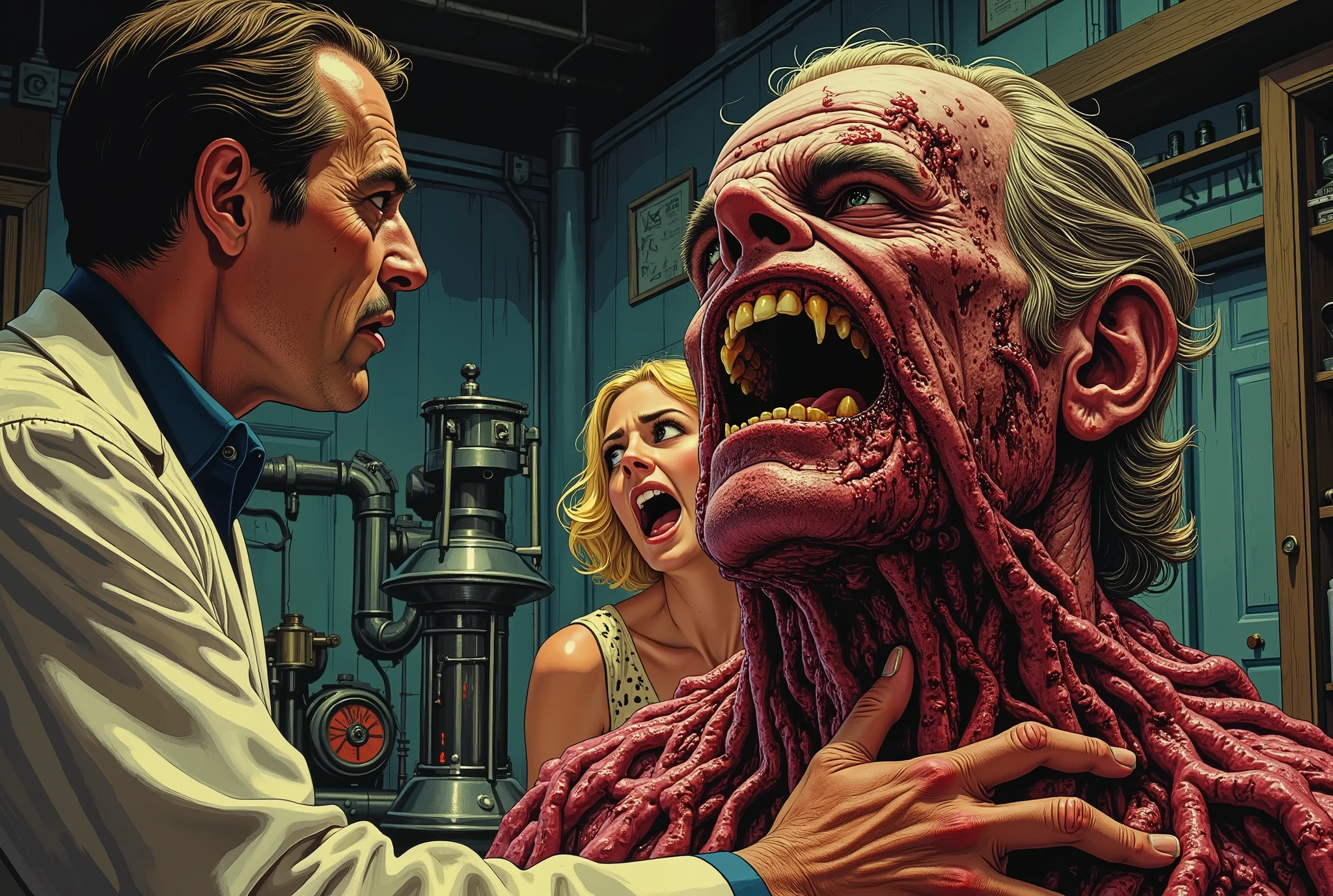 60's horror film, man with melting face, radiation burns, terrified blonde covering her mouth as she screams in fear, in secret laboratory, burning the flesh off mad scientist, sucking in his bones and entrails, lurid vivid colors, retro 60s sci-fi horror movie aesthetic, bloody, gory, scary, movie poster vibe, bold colors, detailed, erotic, NSFW, lurid and vivid colors, detailed, intricate, gouache paints, European fumetto style, Frazetta, Mort Künstler, Basil Gogos, Graham "Ghastly" Ingels, volumetric lighting, classic horror comic aesthetic