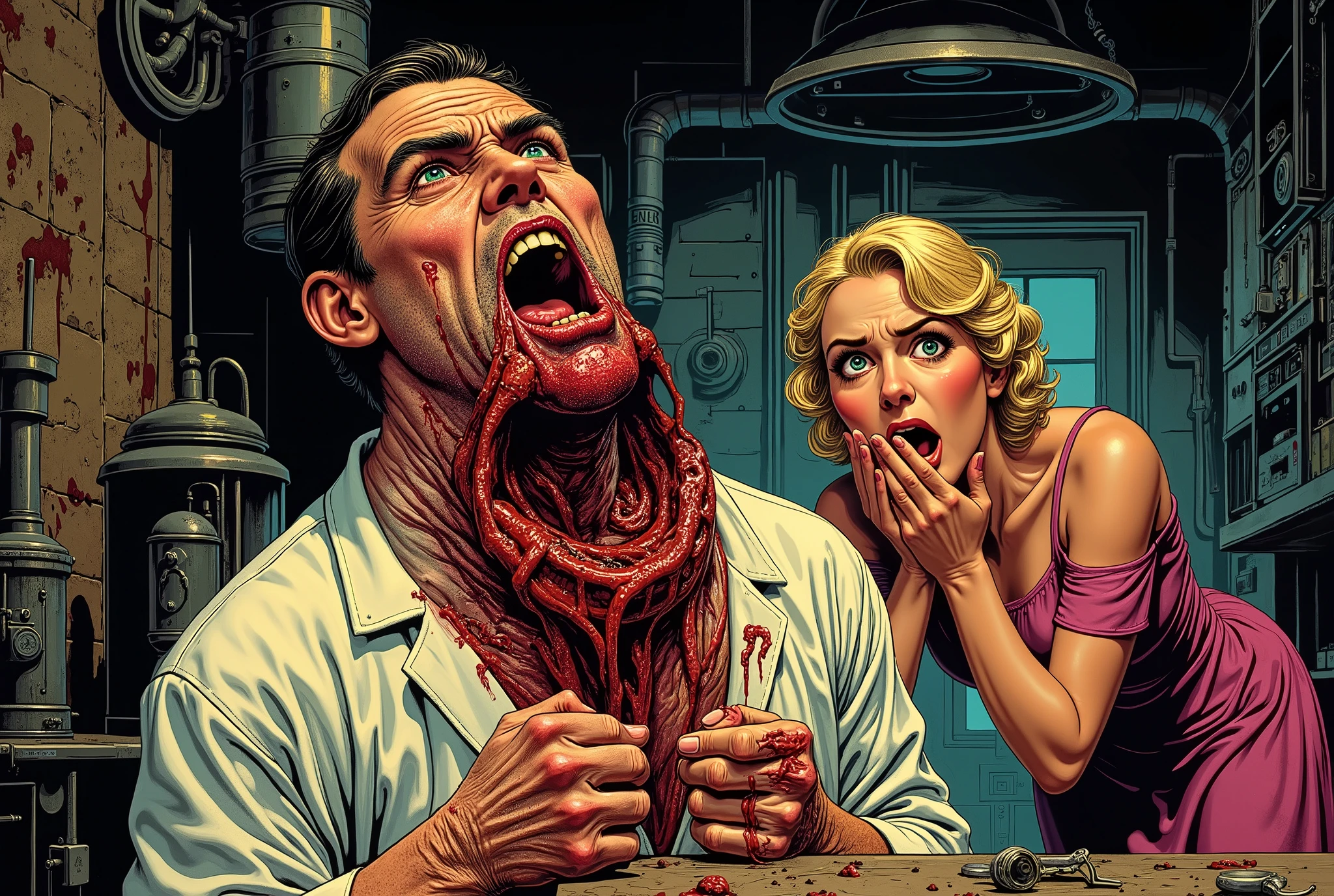 60's horror film, man with melting face, radiation burns, terrified blonde covering her mouth as she screams in fear, in secret laboratory, burning the flesh off mad scientist, sucking in his bones and entrails, lurid vivid colors, retro 60s sci-fi horror movie aesthetic, bloody, gory, scary, movie poster vibe, bold colors, detailed, erotic, NSFW, lurid and vivid colors, detailed, intricate, gouache paints, European fumetto style, Frazetta, Mort Künstler, Basil Gogos, Graham "Ghastly" Ingels, volumetric lighting, classic horror comic aesthetic