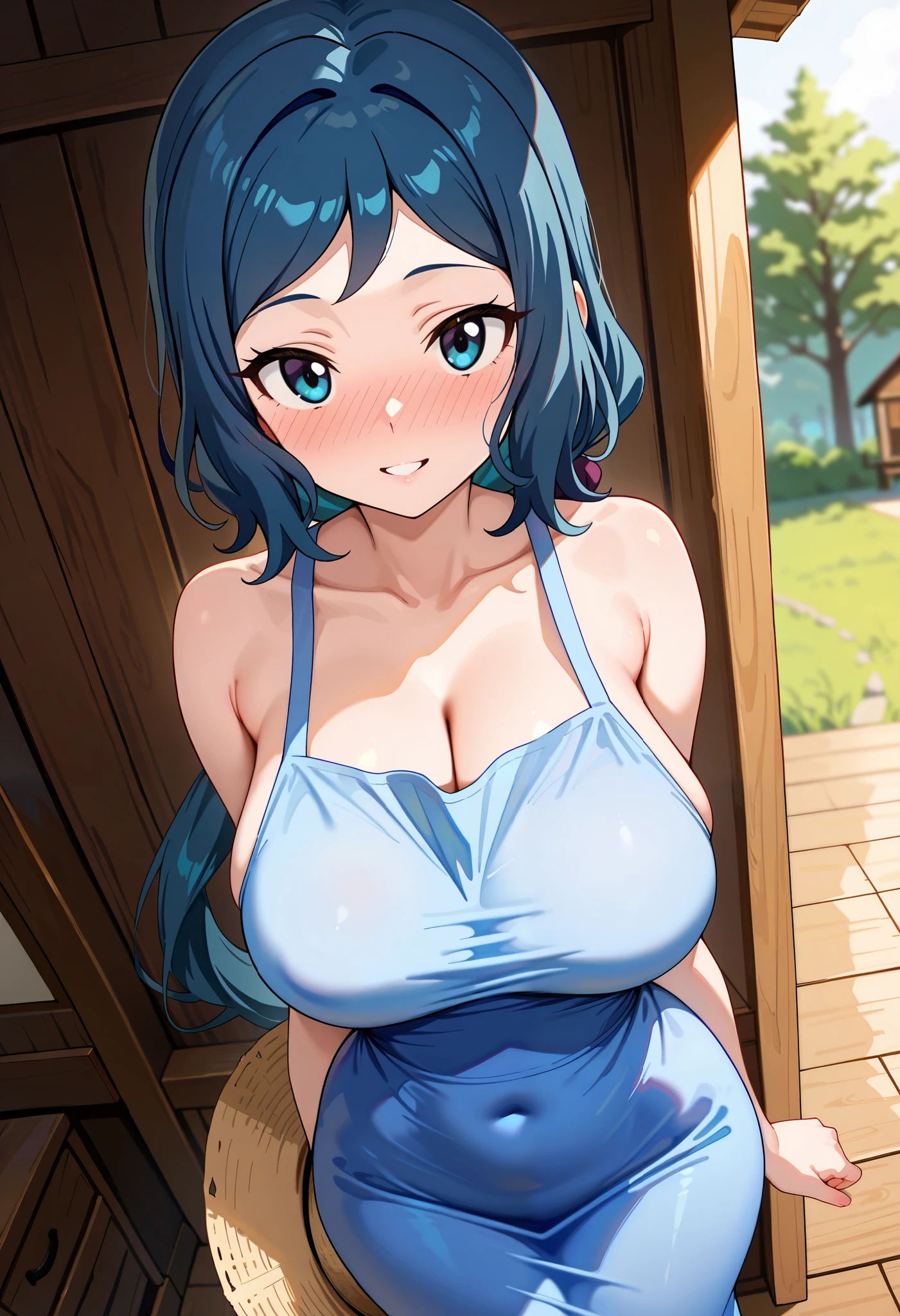 indoor hall,rinko-iori, wide hips, Low ponytail, blue eyes, yoga pants,play sports often,(Sensitive smile:1.2),(big breasts:1.5),shiny,hair,((alone)),((masterpiece)),((highest quality)),perfect anatomy,slim waist,perfect image,8K UHD,(beautiful and fine eyes:1.3),highly detailed face,Are standing,(Upper body:1.1),(look ahead:1.1),back arm,super detailed,disorganized,High resolution