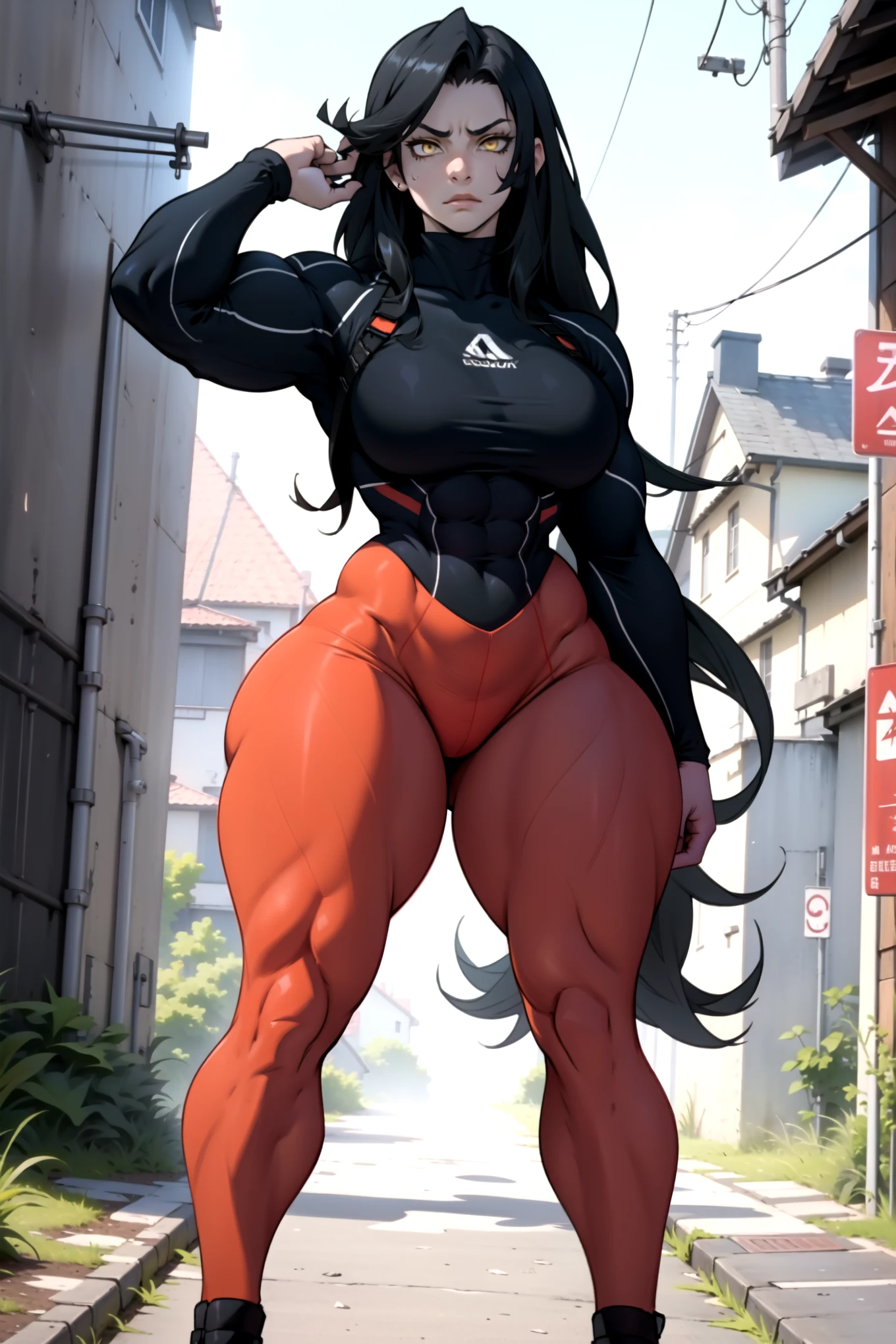 huge muscles huge breasts huge thighs pale skin black hair yellow eyes very long hair muscular girl sad frown expressionless