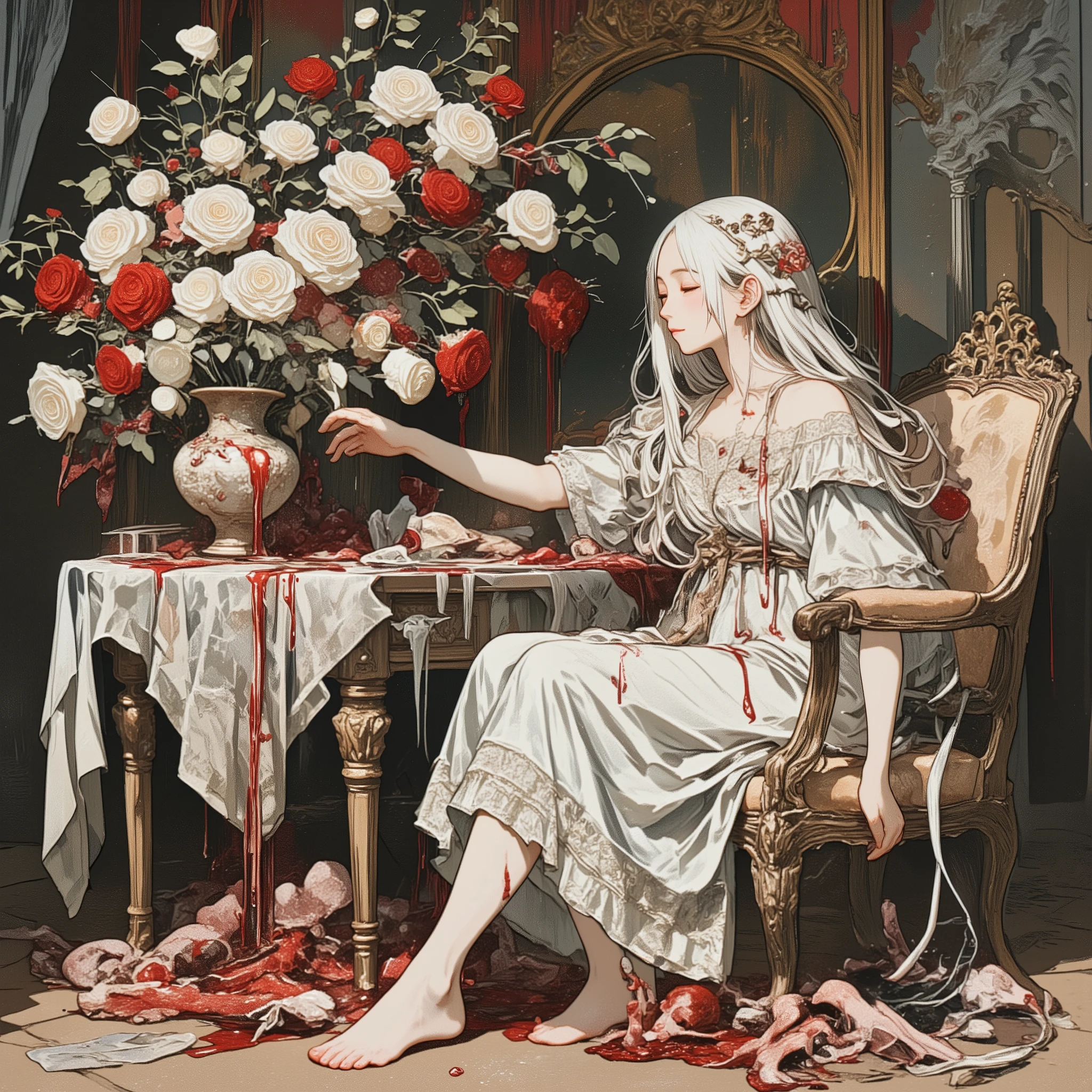 This is aesthetic art. A beautiful woman in a white dress, like a doll, is sitting on a chair, and a vase on the table is creating a flower art with a motif of Red and white marbled roses,dripping blood. A woman\(with long white hair as beautiful as silk, wearing a white dress, and a goddess-like atmosphere, her expression is very happy, but at the same time, her expression is calm as she goes about her daily life\), a flower art of a collection of white roses with dark red liquid on them, each petal is absurdly beautiful, the flower art is placed in the center of the composition, and the woman reaches out to the flower art from the side. Dark red liquid is attached in large quantities to the rose flowers, petals, woman's hands, and the woman's dress, and the liquid flows to the ground, this is an abstract painting of the food chain, a food web. Dark red liquid is in a puddle on the table. A very quiet and peaceful living room background. This is Brutal Art. Creatures lying happily on the ground\(parts of a once-living dog, parts of a once-living cat, parts of a once-living snake, parts of a once-living angel, parts of a once-living devil, parts of a once-living human\), the living are happily enveloped in red, crimson liquid. The rose squeezes the lifeblood out of the once-living objects. A very happy and sacred ritual. This is aesthetic art. Women's daily life, aesthetic art, flow of energy and matter in an ecosystem, aesthetic art, very realistic Brutal Art, aesthetic art, sustaining the life of the entire planet, aesthetic art, symbol of a psychopath, aesthetic art, aesthetic art, aesthetic art, concept of life and death