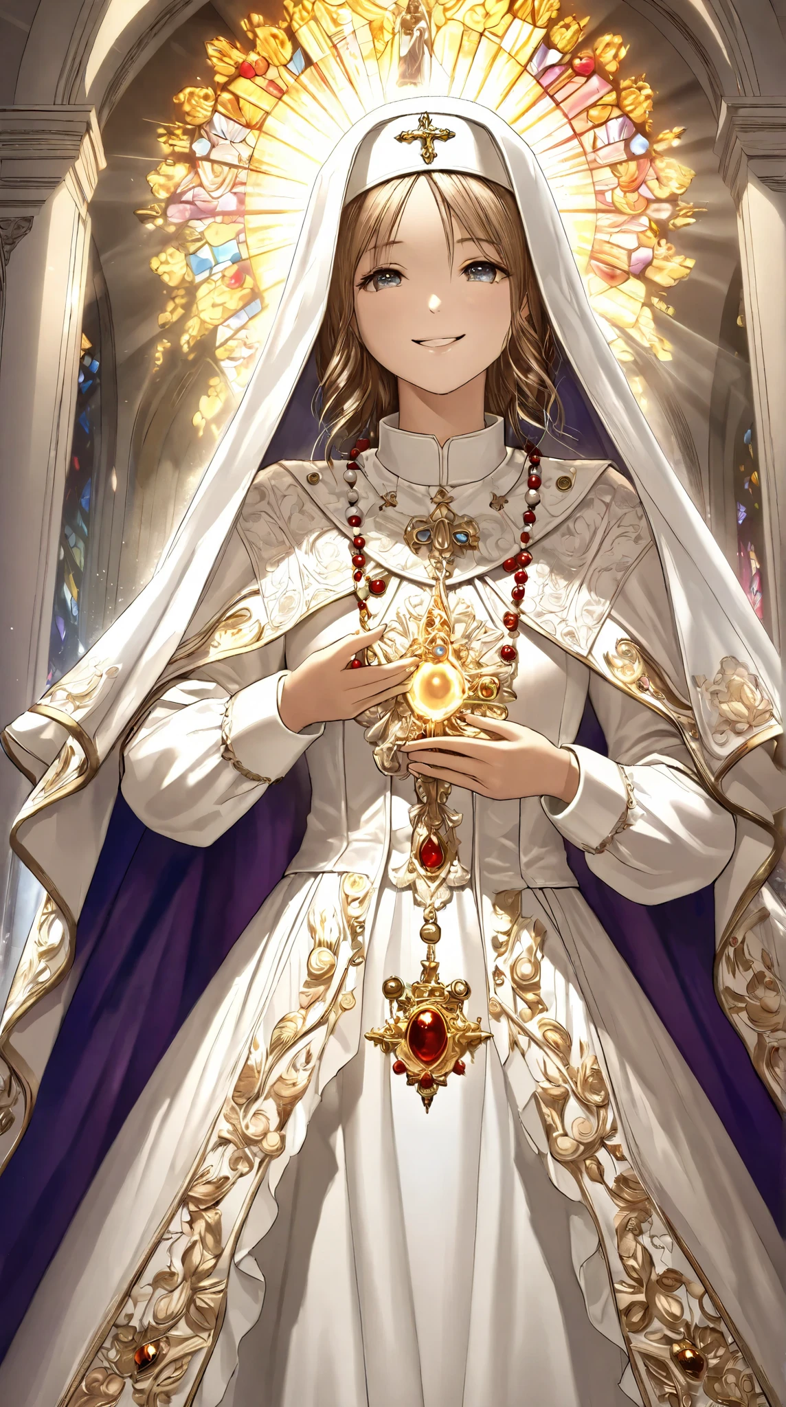 (( best quality )),( super high definition),( very detailed),( Detailed explanation ),(( best CG )),( Best Works of Art ), Ultra Precision Art, amazing painting art ,( Exact Detailed Art:1.5), Female Pope, Smile of Charity , Ritual Gown , Rosary , Intricate embroidery, Pouring Down from the Stained Glass of the Skylight, God's Prestige , Sparkling ,
