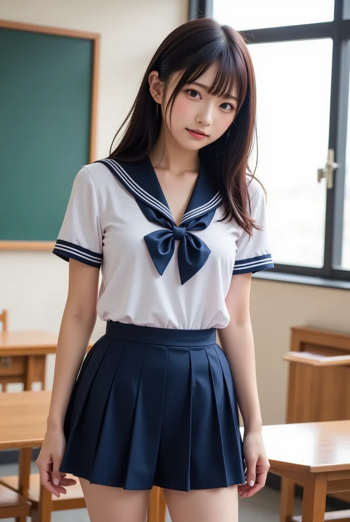 (masterpiece:1.2), Japanese, (), (a girl), room, ((sailor school uniform)), thighs, bedroom, hair bun, (tits),