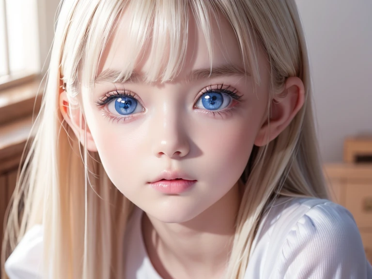 Beautiful white radiant skin, unparalleled beauty, bright, fresh and gentle expression, perfect beautiful cute face, shiny platinum blonde silk super long straight hair, beautiful shiny bangs, very beautiful and beautiful , eyeliner, very perfect and beautiful, big clear sky blue eyes, very beautiful bright eye highlights, ((1girl, solo))