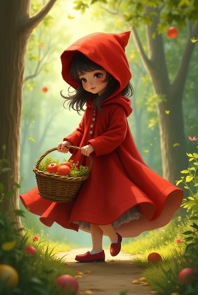 little Red Riding Hood,Cute girl cape,Small freckles on the face,Smile,Carry basket,Walking in the forest path,(A gray wolf was hiding in the bushes, looking greedily at the .)