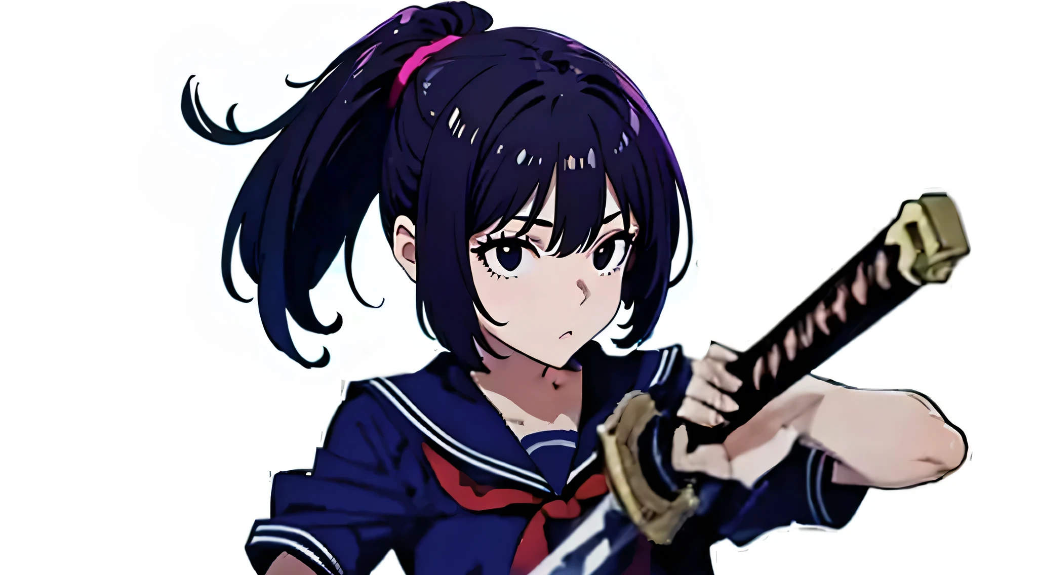 Purple hair, ponytail, black eyes