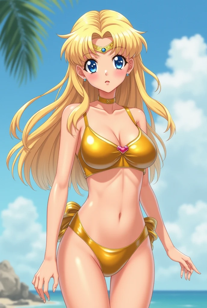 Rutina wearing yellow bikini, hands on hips, kneeling