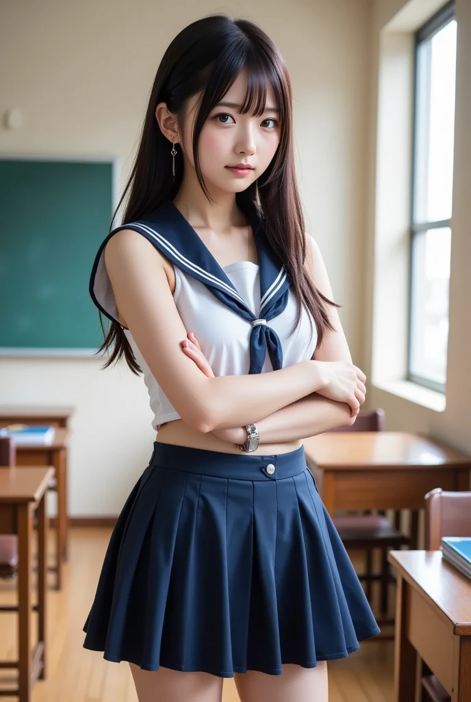 (masterpiece, highest quality:1.2), 8k, Young and beautiful girl, 85mm,Official AR RAW Photos, Baby Face、Big tits in clothes、show me your ears、photo shoot, Cute face, Thighs, Classroom after school, Looking at the audience, Embarrassing、smile、No makeup, Film Grain, chromatic aberration, Sharp focus, Face Light, Bright lighting, 10 generations, Detailed face, Background blur、((((((16-year-old high school girl))))))、Narrow waist、Sailor suit、Dark blue mini skirt、Lifting the skirt with one hand&#39;hand of、White tiny panties、Wet、Spread your legs、Dancing