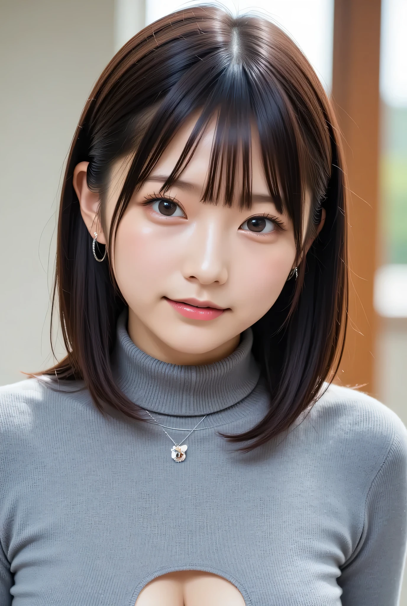 ( best quality :1.4), RAW photo, realistic photo ,very aesthetic, Watch Your Audience, (Face shot), indoor, woody opens the door at the entrance ,
1 girl, Alone, Japanese celebrity women, , cute face, tea hair, gray sweater dress , hair is hidden behind the ears , jewelry, necklace, medium boobs , Clothing Cut Out , brown eyes, Cleevidge cutout, plant, turtleneck, standing, 20-year-old , Cleevidge , lips, are blurry, turtleneck sweater, short hair while on a business trip,
