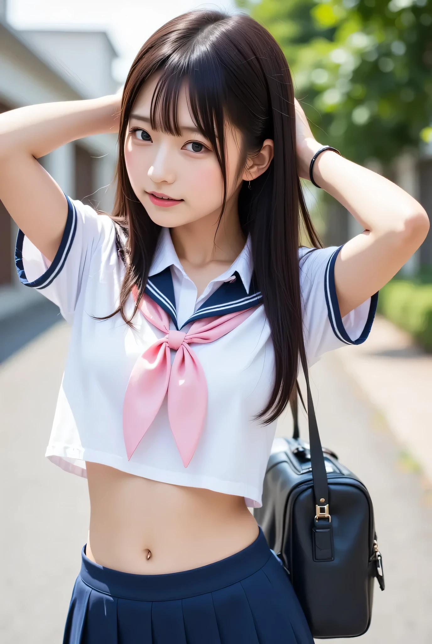 1girl, from behind, school uniform, skirt, bag, blurry, serafuku, midriff, outdoors, pleated skirt, school bag, arms up, blurry background, neckerchief, navel, short sleeves, depth of field, shirt, black hair, long hair, day, realistic, adjusting hair, from side, white shirt, sailor collar, profile, lips, brown hair, pink neckerchief, (taken by Canon EOS, SIGMA Art Lens 35mm F1.4, ISO 200 Shutter Speed 2000),