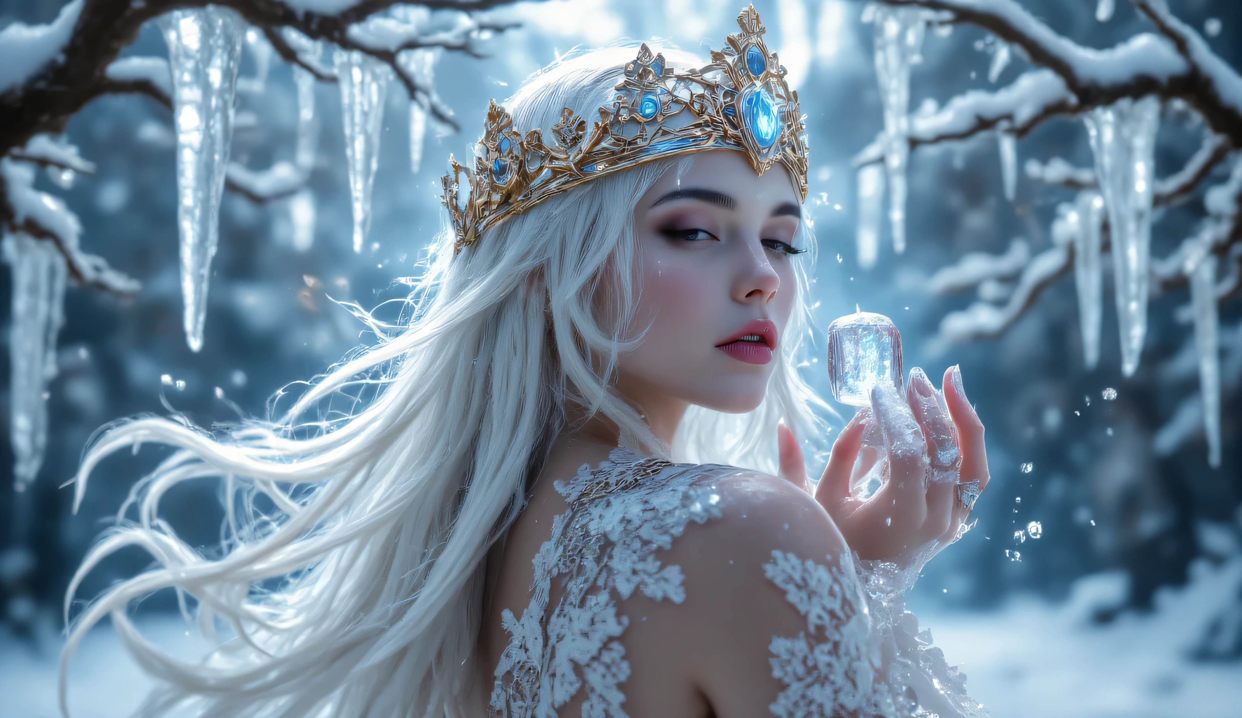 A cute ice elf woman with blue skin, deep blue eyes, pointy ears, waist length pale hair, wearing a sapphire sequin sparkling sheer night gown, inspecting her ice sculpture flower garden in a snow landscape at twilight, (best quality,4k,8k,highres,masterpiece:1.2),ultra-detailed,(realistic,photorealistic,photo-realistic:1.37),detailed ice sculpture flowers,snowy landscape,ethereal lighting,fantasy,magical,cinematic

