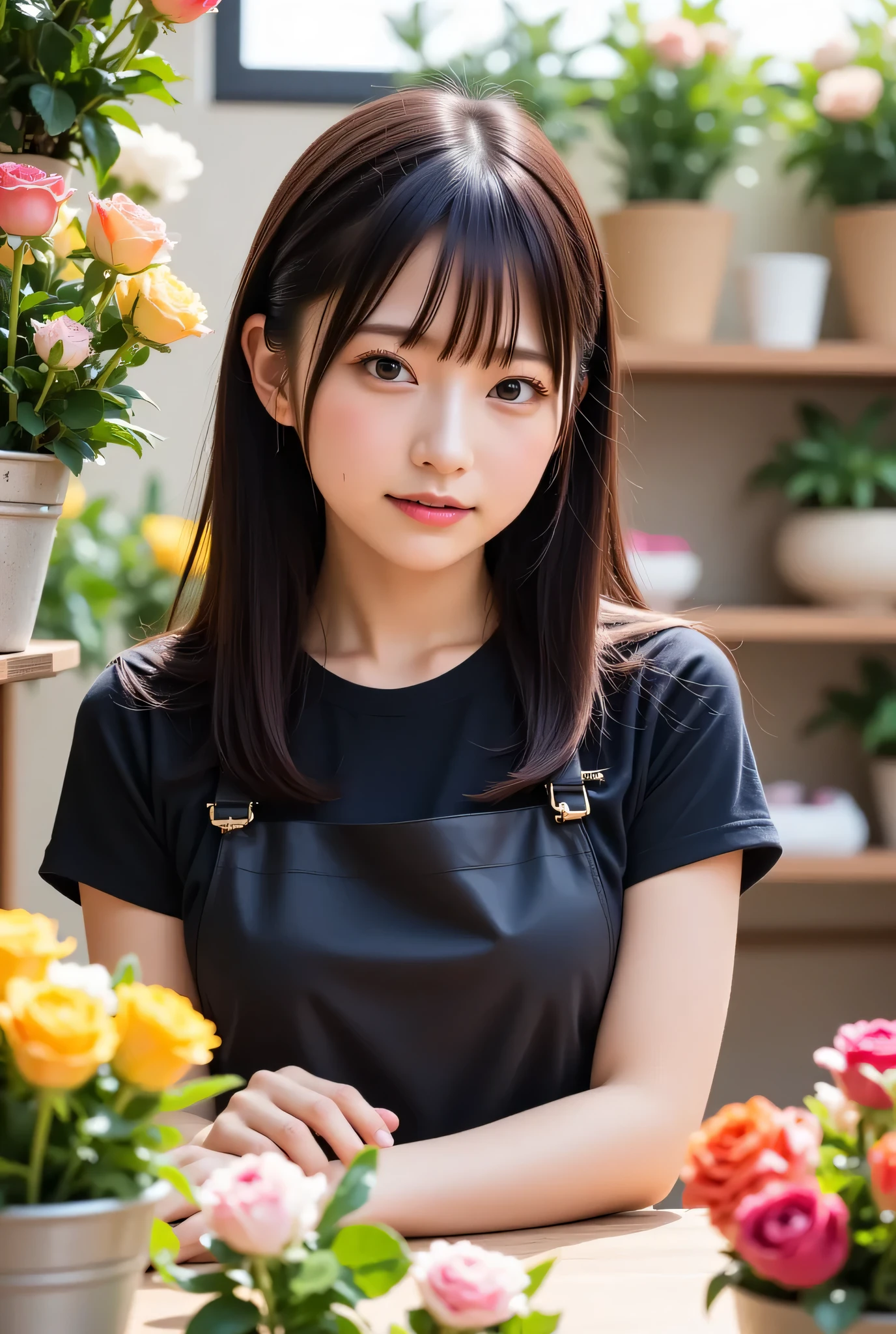 A girl working at a Flower Shop, black-apron, looking at viewer