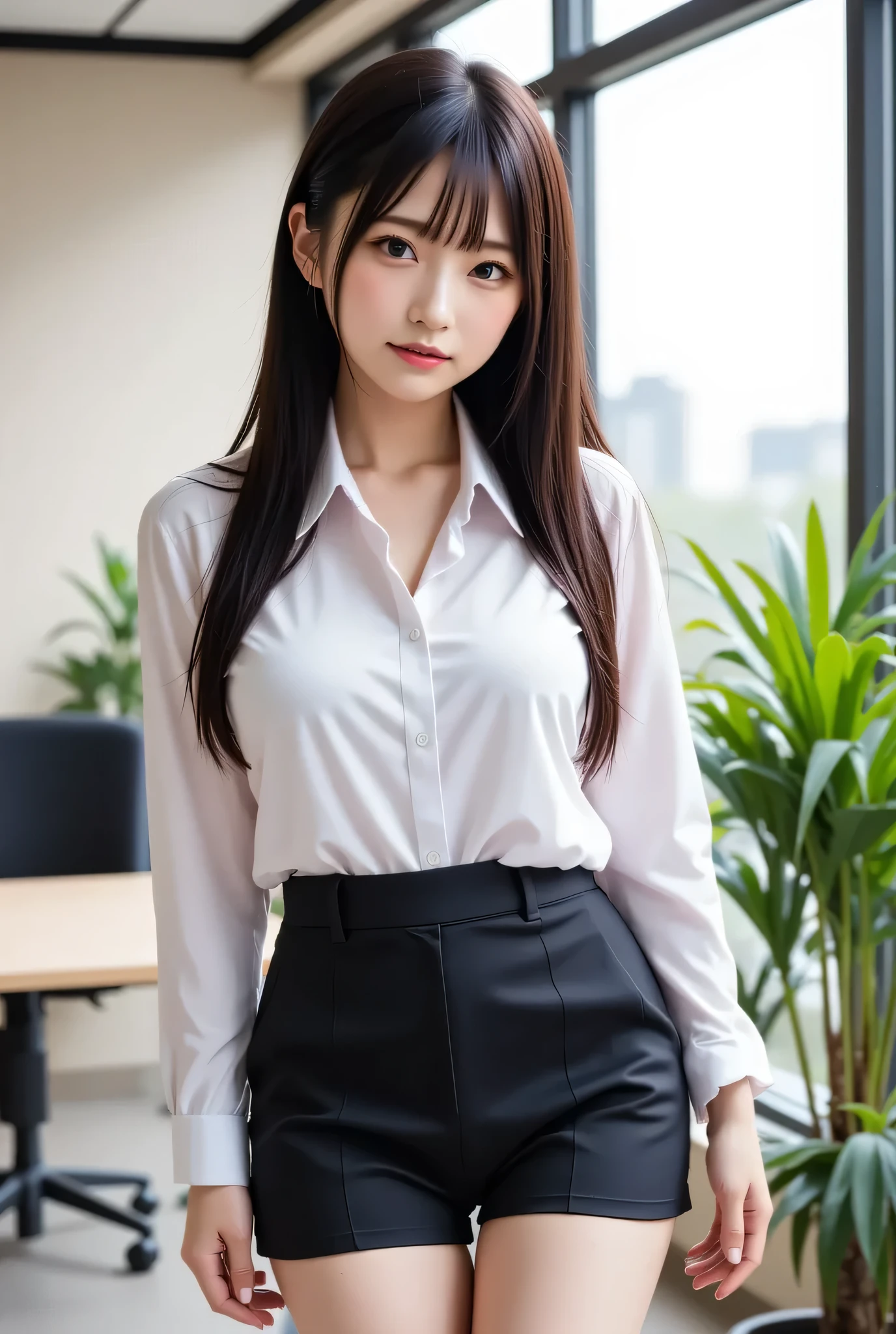 She is wearing a short black skirt and a white shirt, leaning forward. Office with large windows