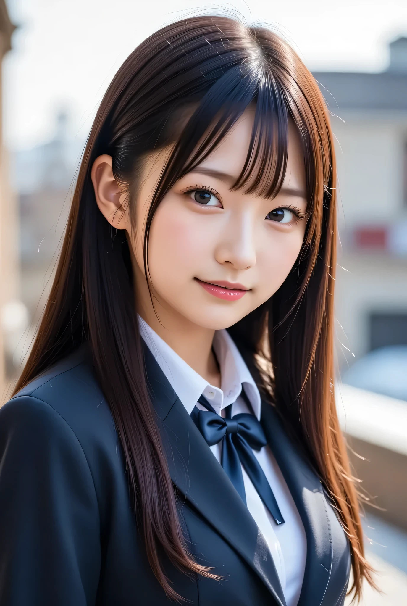 a professional photo of a beautiful high school girl, 1 girl, , Japanese girl, beautiful face, spoiled, flirting, cute, smile,evening, winter, snowfall, near a school gate, wearing a blazer uniform, wearing a coat,wearing a scarf, returning from school, soft lighting,side profile,